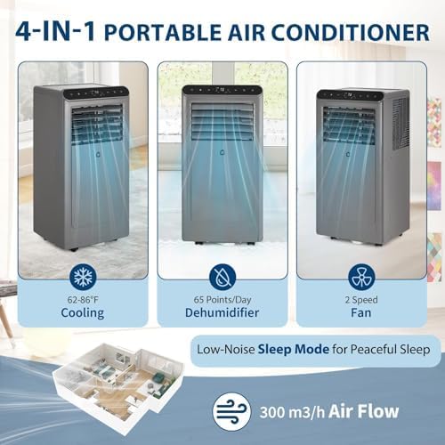 8000 BTU Portable Air Conditioners, 3 in-1 Portable AC Unit with Dehumidifier, Quiet Air Conditioner for Bedrooms and Offices up to 350 Sq.Ft, Remote Control & 24H Timer, Grey & Black