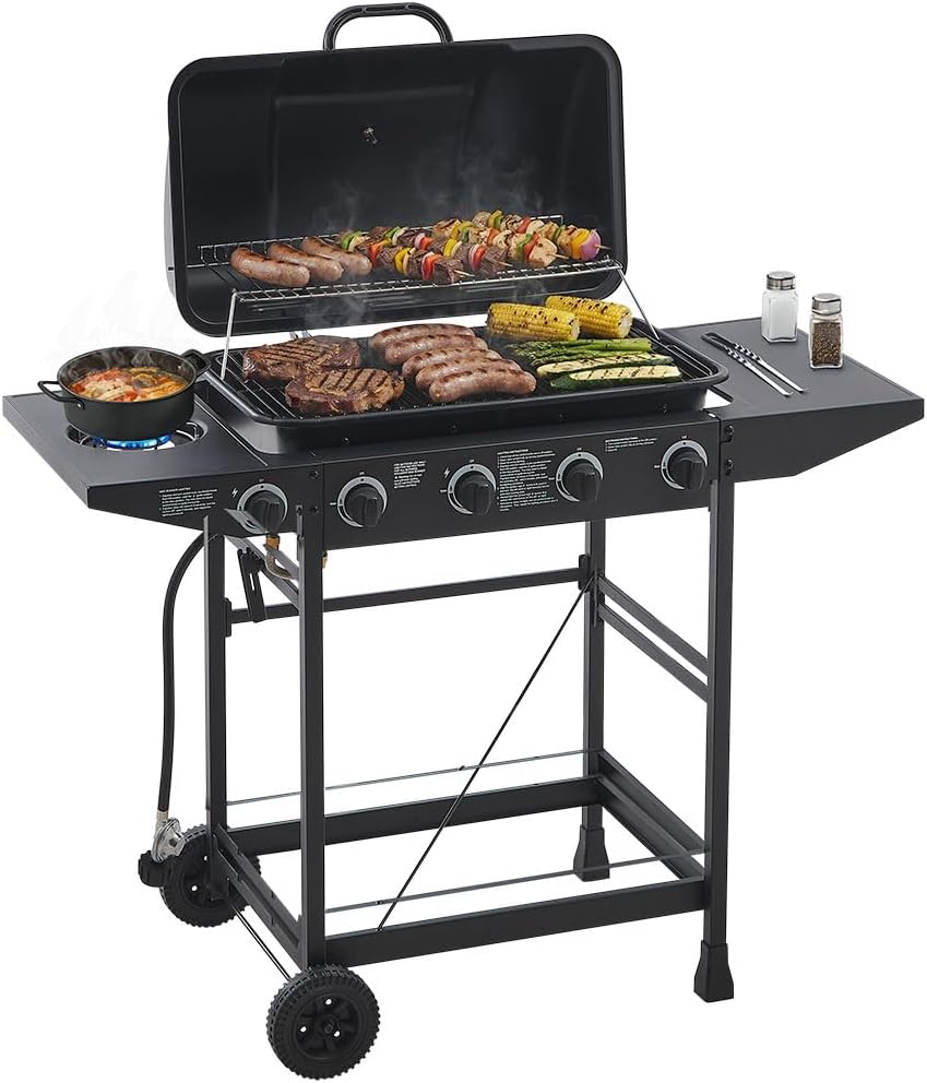 4 Burner Propane Gas Grill with Side Burner, 42,000 BTU BBQ Grill with Cast Iron Grates, 534 Sq in Cooking Area, Mobile Outdoor Gas Grill on Wheels for Backyard Patio Balcony