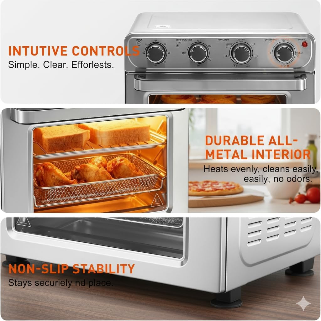 Simple Deluxe 26.4QT XL Air Fryer Toaster Oven Combo, 4-in-1 Countertop Convection Oven with Double Fan Technology, Includes Baking Pan & Fry Basket, Stainless Steel