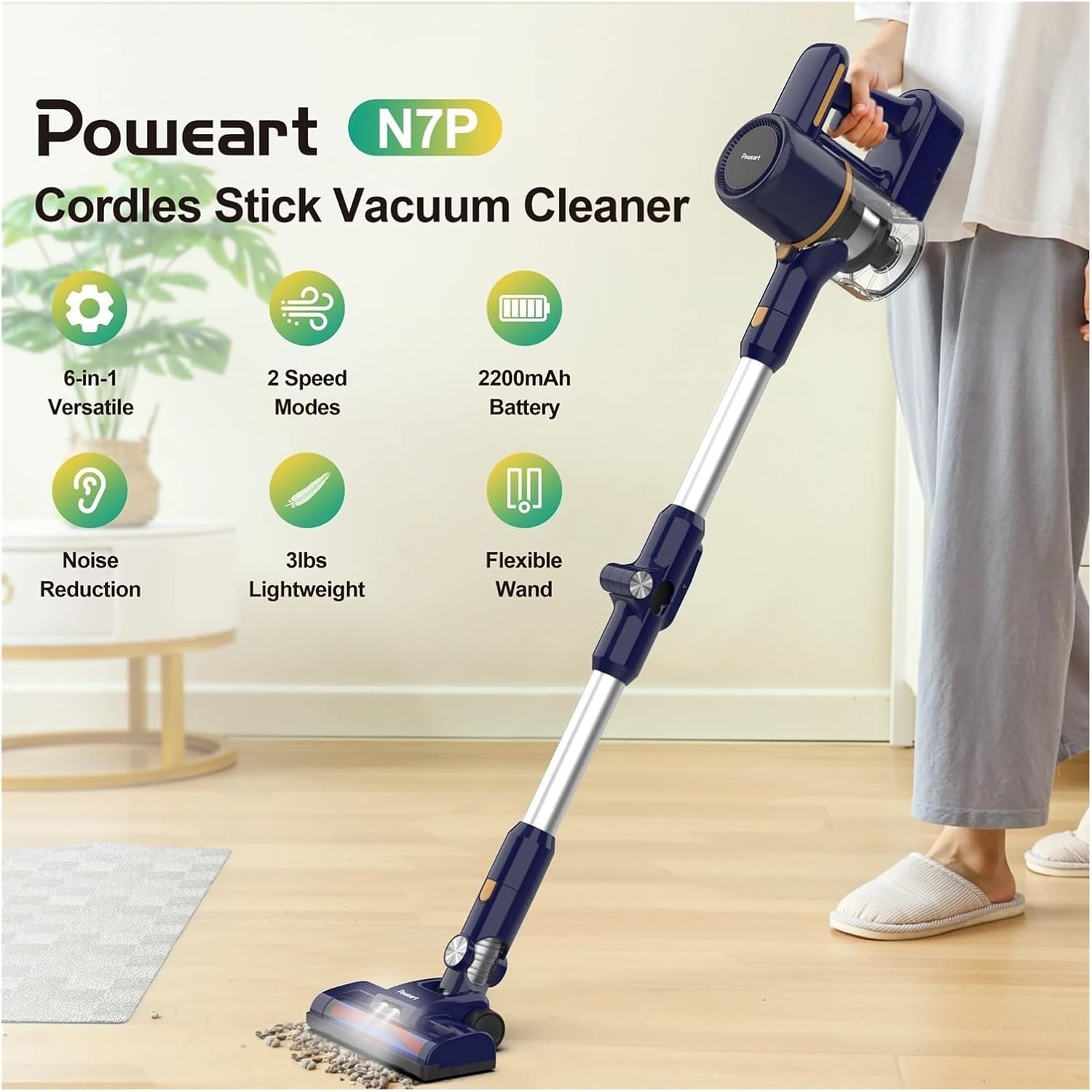 Stick Vacuum Cleaner, 20KPa Powerful Suction, 6-in-1 Cordless Vacuum, 180° Foldable Tube, Lightweight For Hard Floor Carpet Pet Hair Car Home Cleaning(N7S Blue)