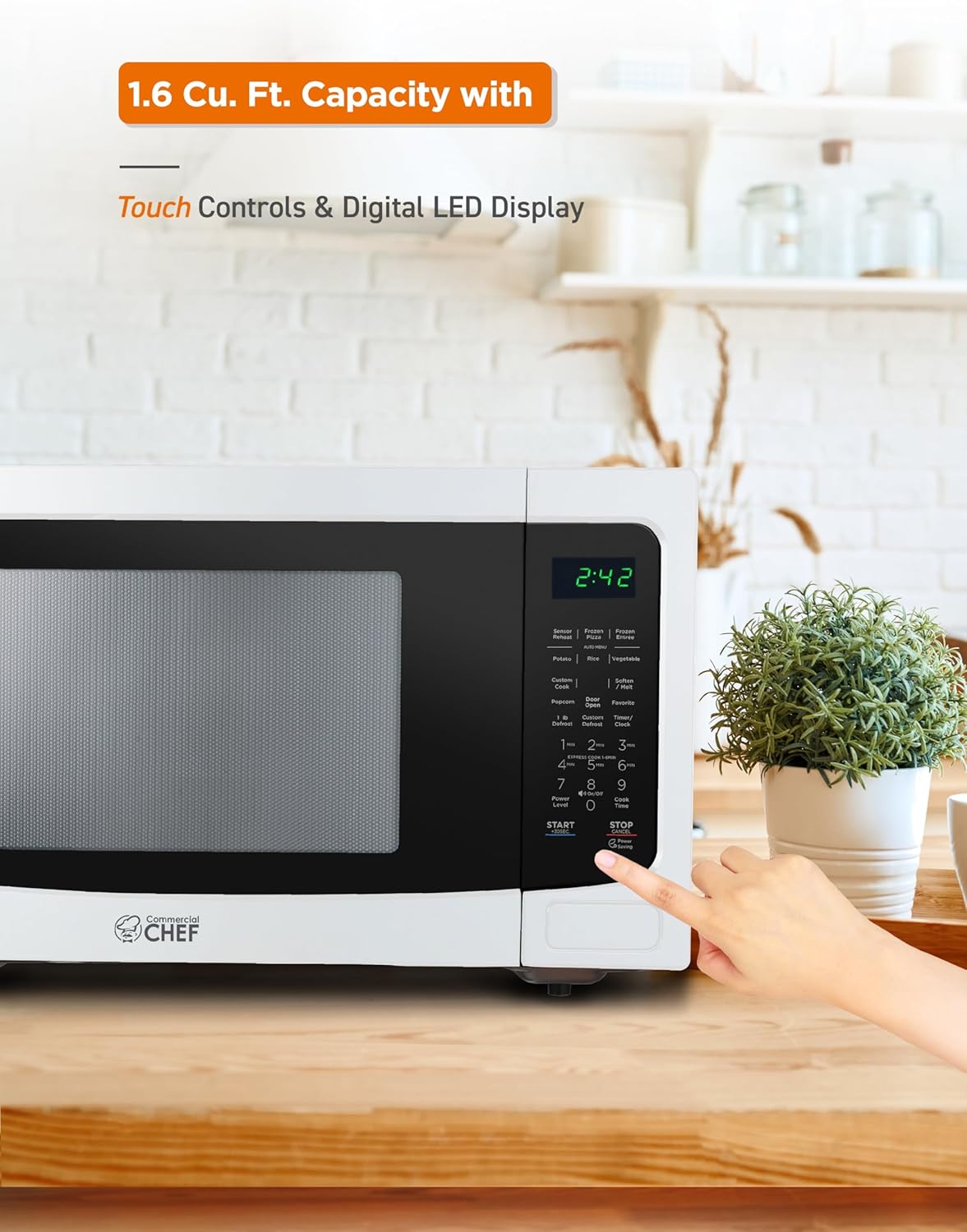Commercial Chef 1.6 Cubic Foot Microwave with 10 Power Levels, Small Microwave with Push Button Child Safety Lock, 1100 Watt Microwave with Digital Control Panels, Countertop Microwave & Timer, White