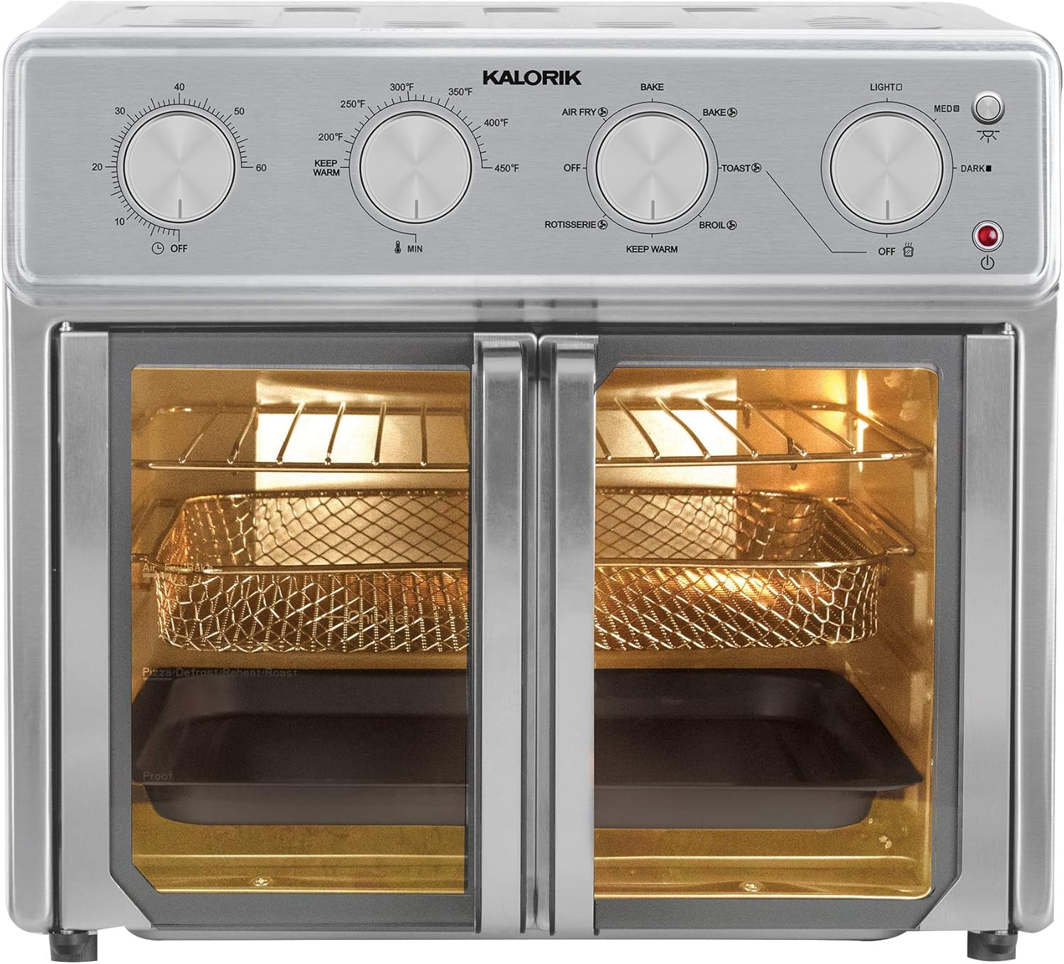 Kalorik MAXX Air Fryer Oven, 26 Quart 9-in-1 Countertop Toaster Oven and Air Fryer Combo - Fry, Bake, Roast, Rotisserie, & More, Large Glass French Doors & 7 Accessories, 1700-Watts, Stainless Steel