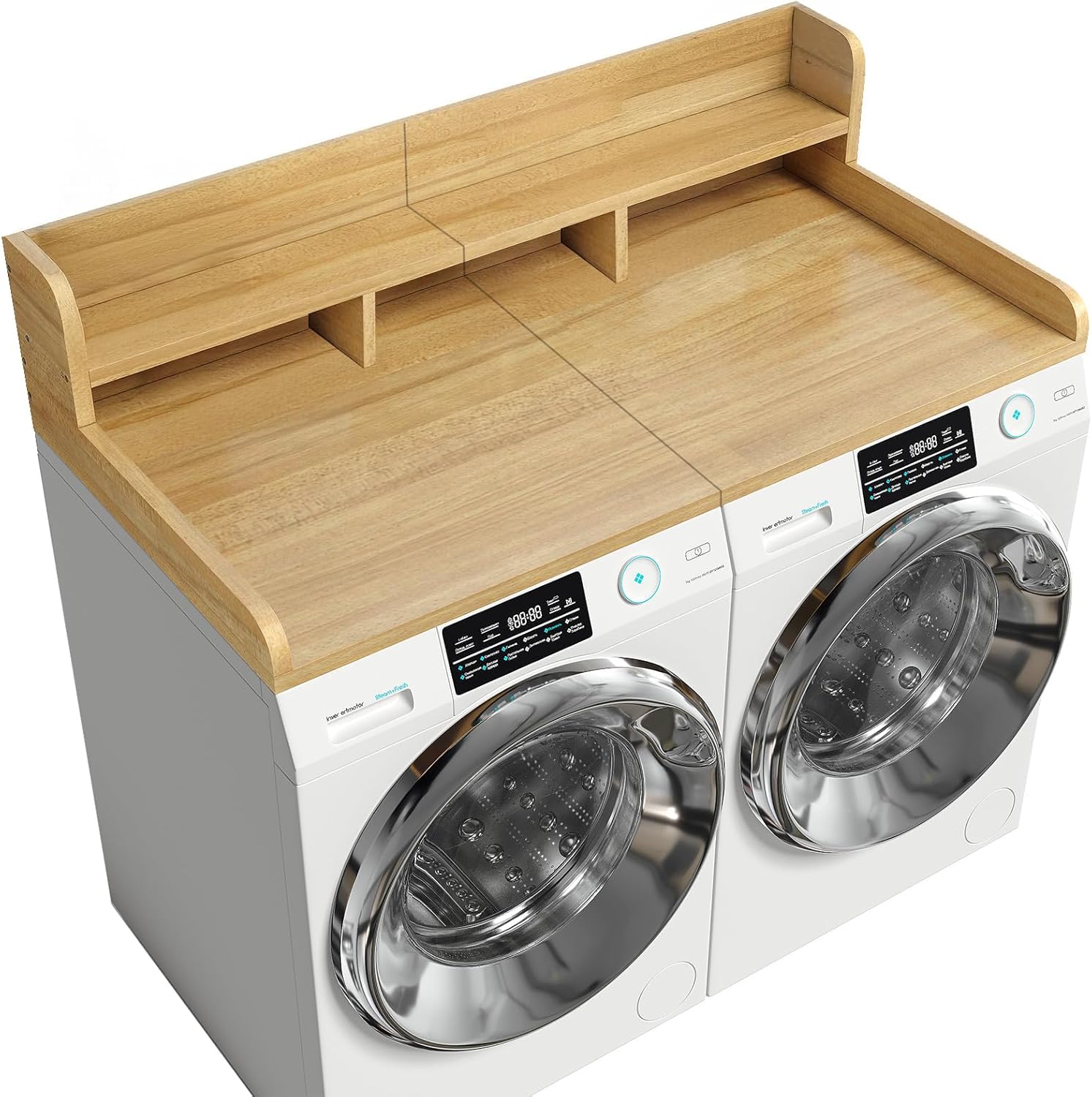 54 Inches Washer Dryer Countertop Shelf – Natural Wood Laundry Organizer With Double Layer Storage, Edge Guard Hamper Space, Fits 27.5 Inches Depth Appliances