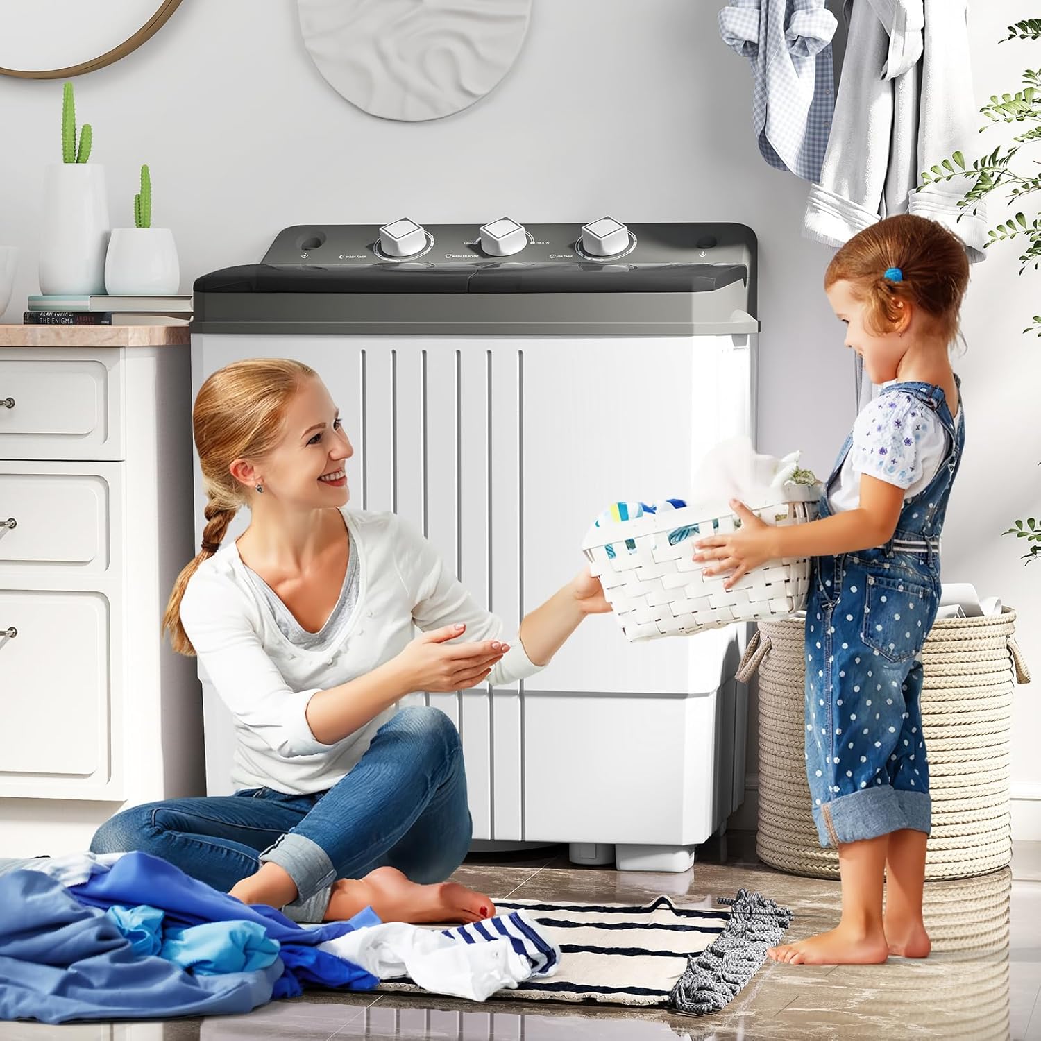 COSTWAY Portable Washing Machine, Twin Tub 20 Lbs Capacity, Laundry Washer 12 Lbs and Spinner 8 Lbs with Drain Pump, Timer Control, Perfect for Apartment Dorm RV, Grey