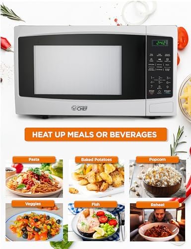 COMMERCIAL CHEF 1.1 Cu Ft Microwave with 10 Power Levels, Microwave 1000W with Push Button Door Lock, Countertop Microwave with Microwave Turntable and Digital Controls, White