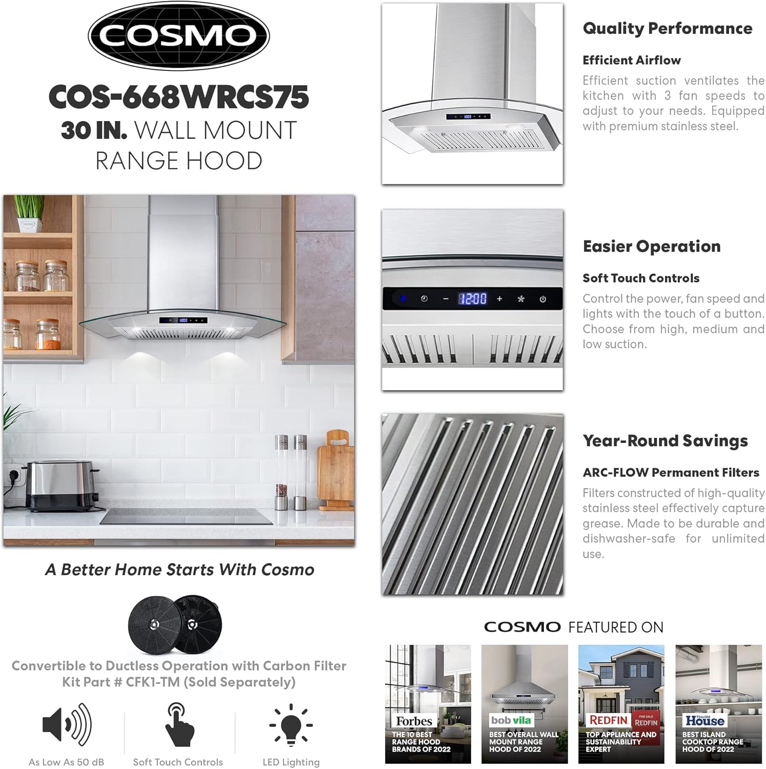 COSMO COS-12MWDSS-NH 24 in. Built-in Microwave Drawer with Automatic Presets, Touch Controls & 668WRCS75 Wall Mount Range Hood with Ducted Exhaust Vent, 3 Speed Fan