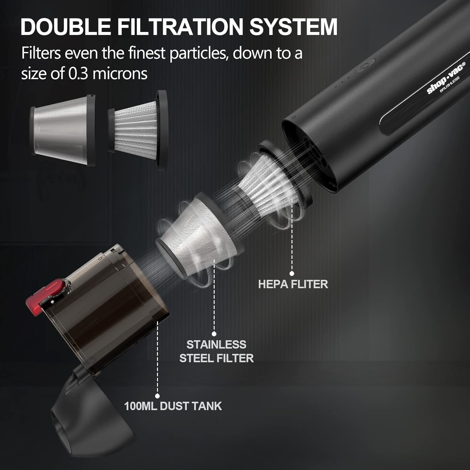 Shop-Vac Handheld Vacuum Cordless, 13000Pa Suction Power, 100W Brushless Motor, Mini Vacuum Cleaner with LED Light, Rechargeable Battery and Attachments, for Home, Office and Car