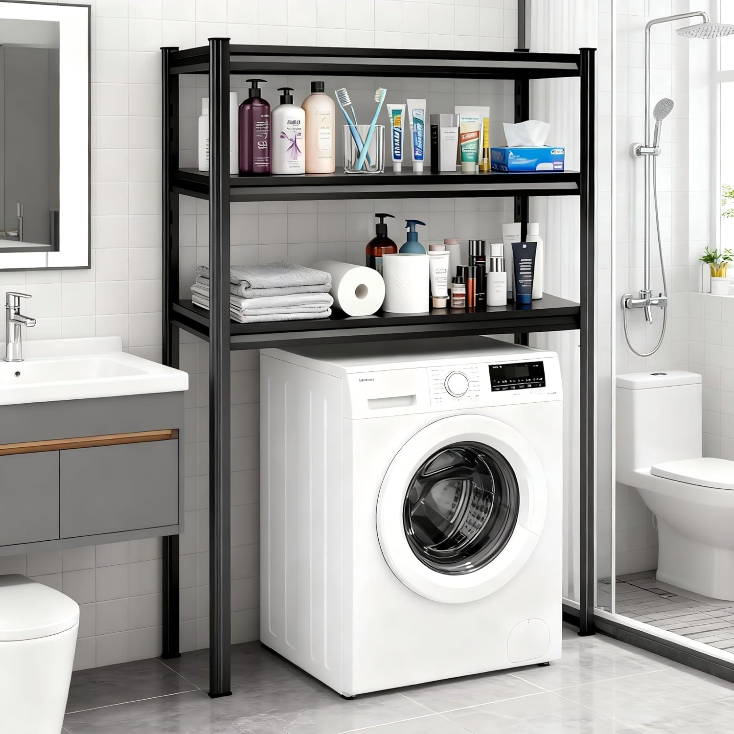 Height-Adjustable Bathroom & Laundry Storage Shelf, 3-Tier Metal Organizer Rack for Washer Dryer, Sturdy Shelving Unit for Bathroom Essentials, 63 x 45.3 x 19.7 Inches