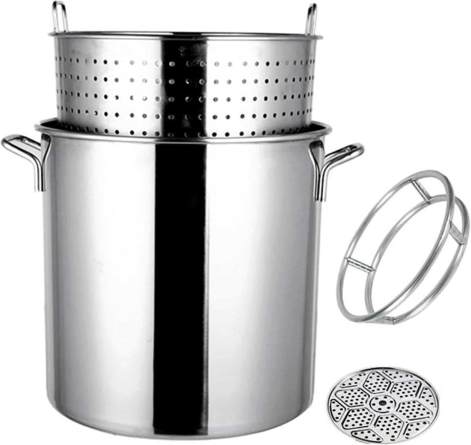 Stainless Steel Stockpot with Lid, Crawfish Seafood Boiler, Deep Turkey Fryer Pot with Strainer Basket, Pot Holders, Non-Stick Steamer Sheets - 27QT/45QT/63QT for Outdoor Cooking (Siliver 45x45cm)