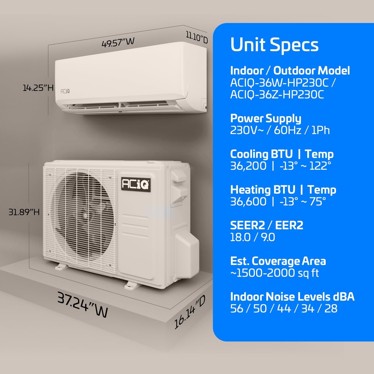 ACiQ 18.0 SEER2 Essentials 36000 BTU Comfortable Inverter Mini Split AC/Heating System, 3 Ton White Wall Mount Ductless Heat Pump AC Unit, with 15ft Installation Kit | WiFi Control, 208/230V, R454B