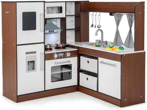 Costzon Kids Kitchen Playset, Toddler Pretend Toy Cooking Set w/Real Lights & Sounds, Sink & Faucet, Ice Maker, Microwave, Oven, 18 Cooking Accessories, Corner Play Kitchen for Kids Ages 3+ (Coffee)