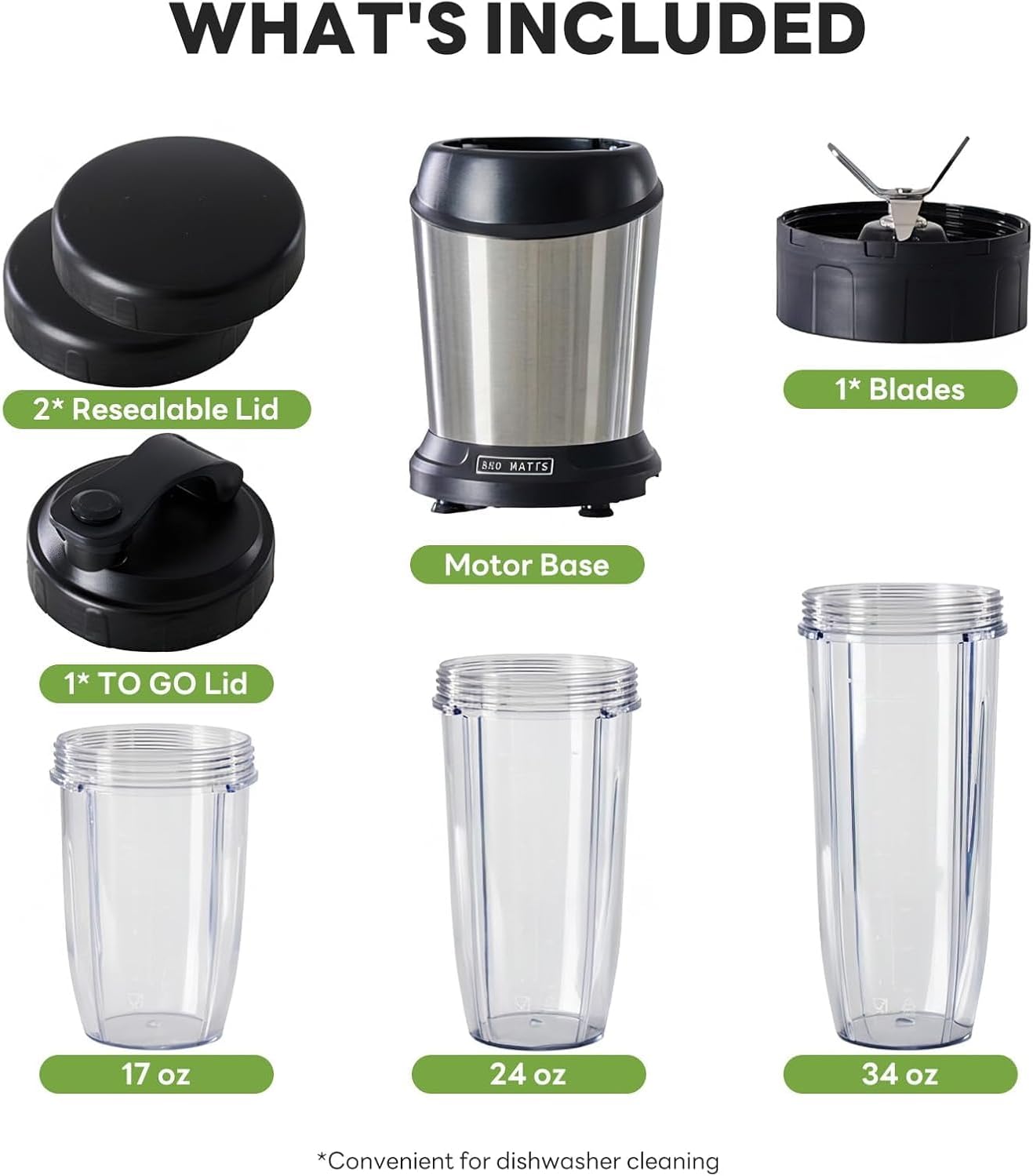 Portable Smoothie Blender with Travel Cups - 800W Ice Crushing Blender for Shakes, Juices, Sauces & More (Silver)