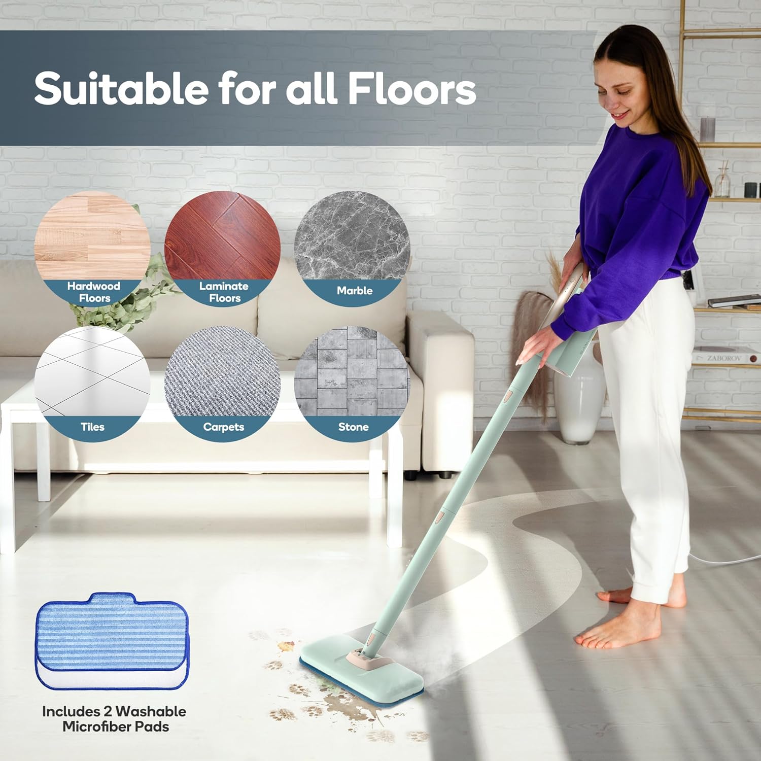Newbealer Steam Mop & Detachable Handheld Cleaner, 250ml 1200W Powerful Floor Steamer, 3 Adjustable Levels for Carpet Laminate Hardwood Grout, Carpet Glider, 7 Multi-purpose Accessories & 2 Pads