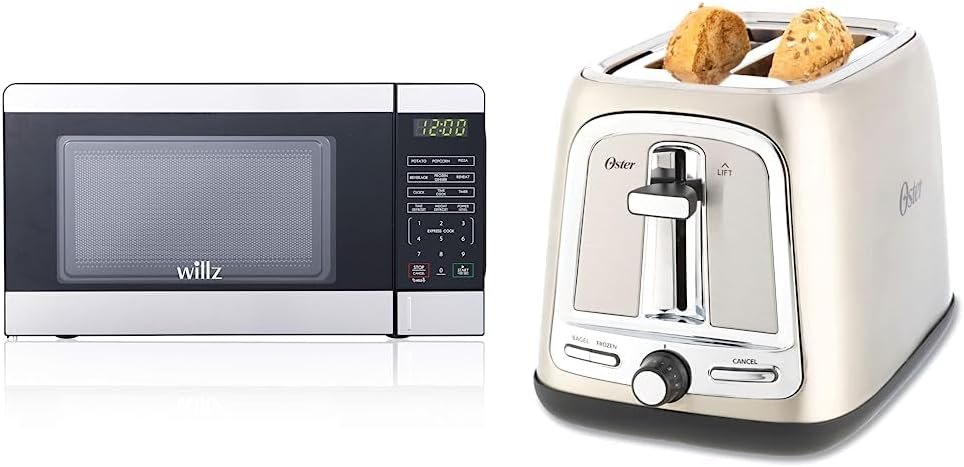 Willz WLCMV207S2-07 Countertop Small Microwave Oven with 6 Preset Cooking Programs Interior Light LED Display, 0.7 Cu.Ft, Stainless Steel & Oster 2-Slice Toaster with Advanced Toast Technology