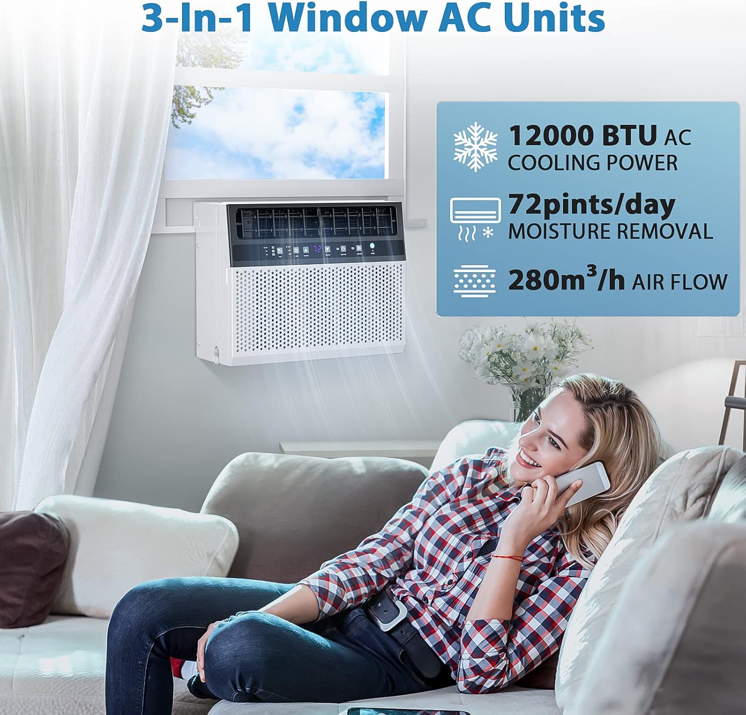 Joy Pebble Window Air Conditioner, 12000 BTU Window Room Air Conditioner for Room Cools Up 550sq.ft,Window AC Unit with Cooling, Dehumidifier and 3 Fan speeds, 24-hour timer & ECO mode