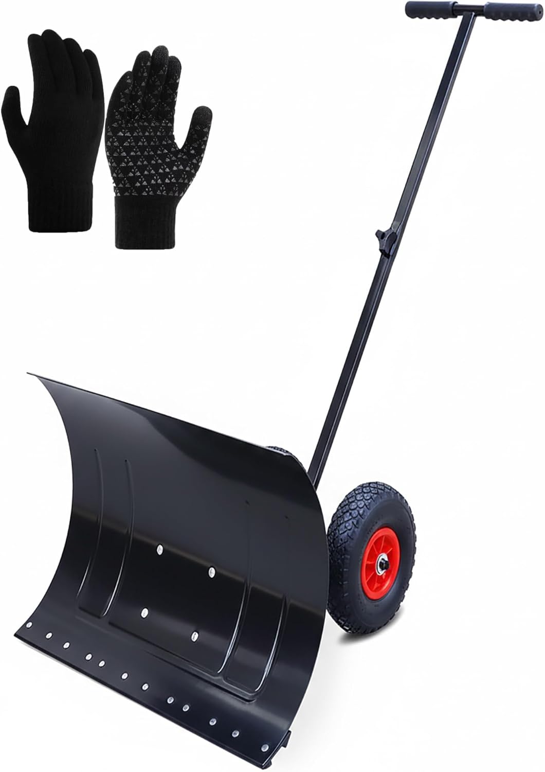 Adjustable Snow Pusher Shovel with Wheels - Dual-Handle Design for Snow Removal on Driveways, Patios Walkways(74x43cm/29x17in)