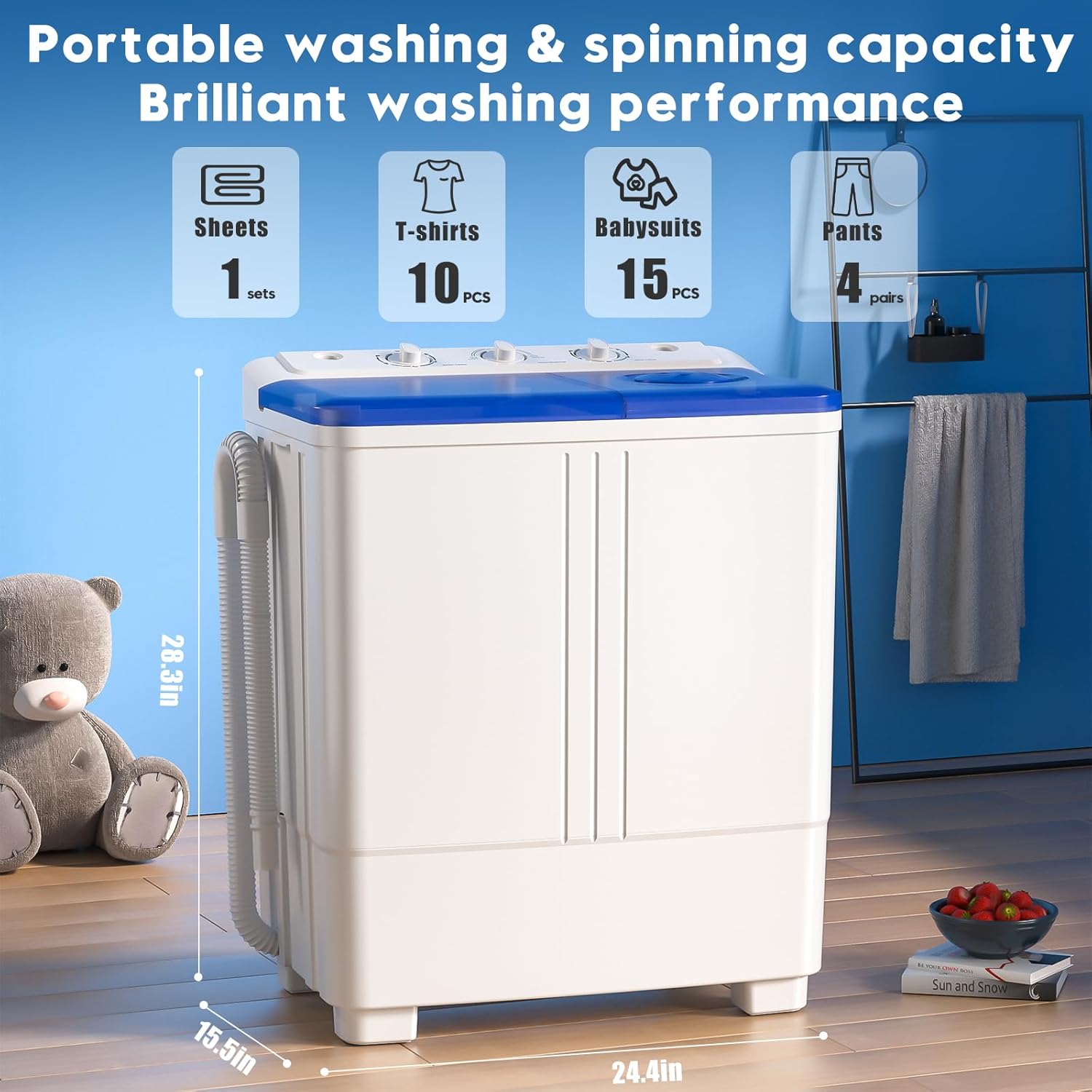 Auertech Portable Washing Machine, 20lbs Twin Tub Washer Mini Compact Laundry Machine with Drain Pump, Semi-automatic 12lbs Washer 8lbs Spinner Combo for Dorms, Apartments, RVs