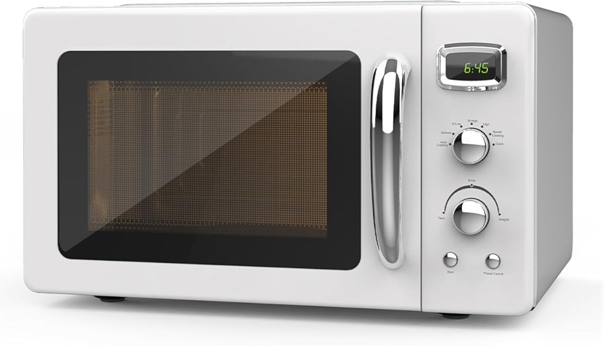 Retro Countertop Microwave Oven, SIMOE Compact Microwave Oven 0.9 cu.ft. W/Child Lock, 5 Micro Power, Defrost & 8 Auto-cooking, LED Display, Easy Clean Interior, White, 900 W