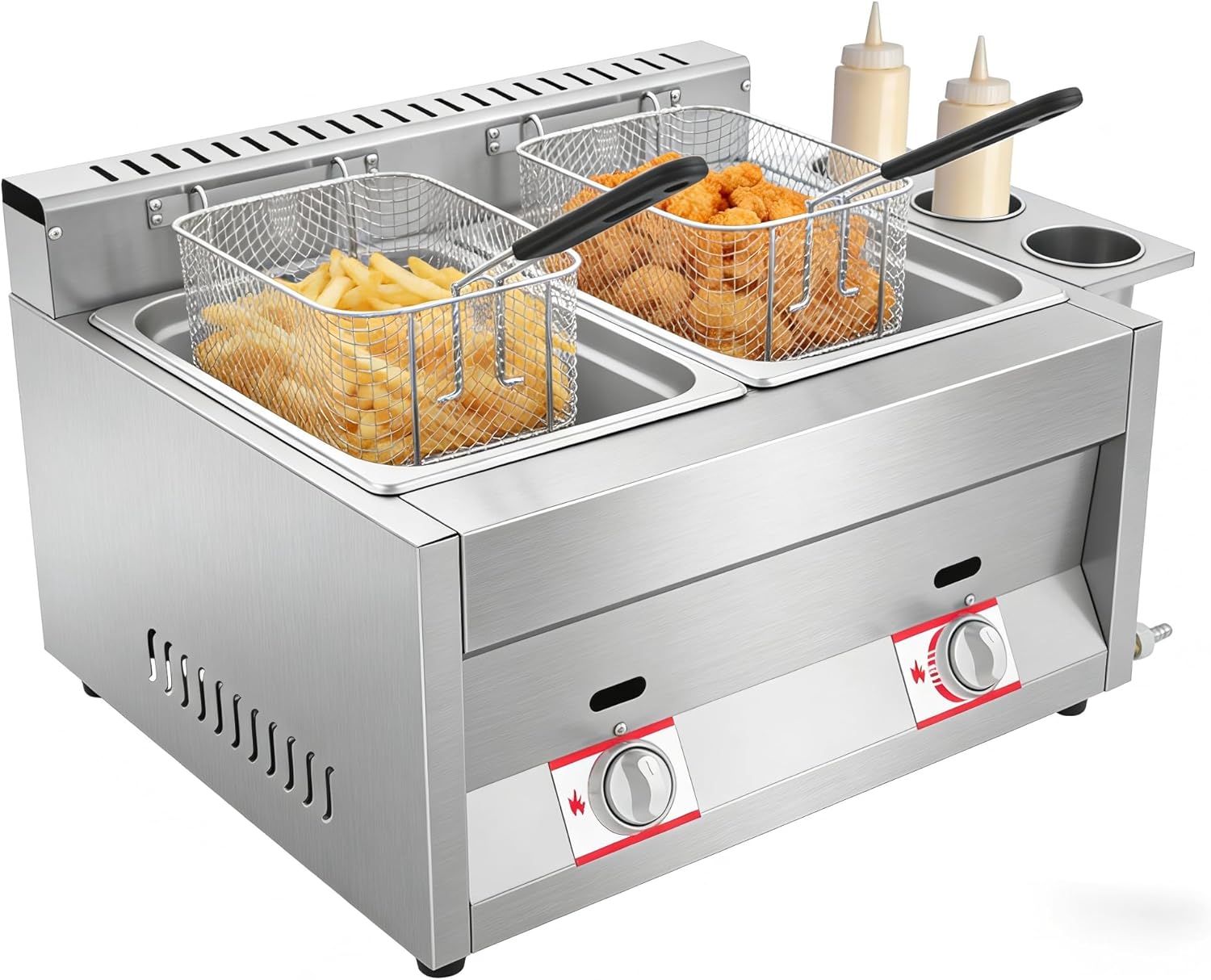 6L Dual Tank Gas Deep Fryer, Commercial Deep Fryer with Basket for Turkey, Chicken, Fish, Stainless Steel Commercial Deep Fryer with Lid for Backyard, Catering, Food Truck