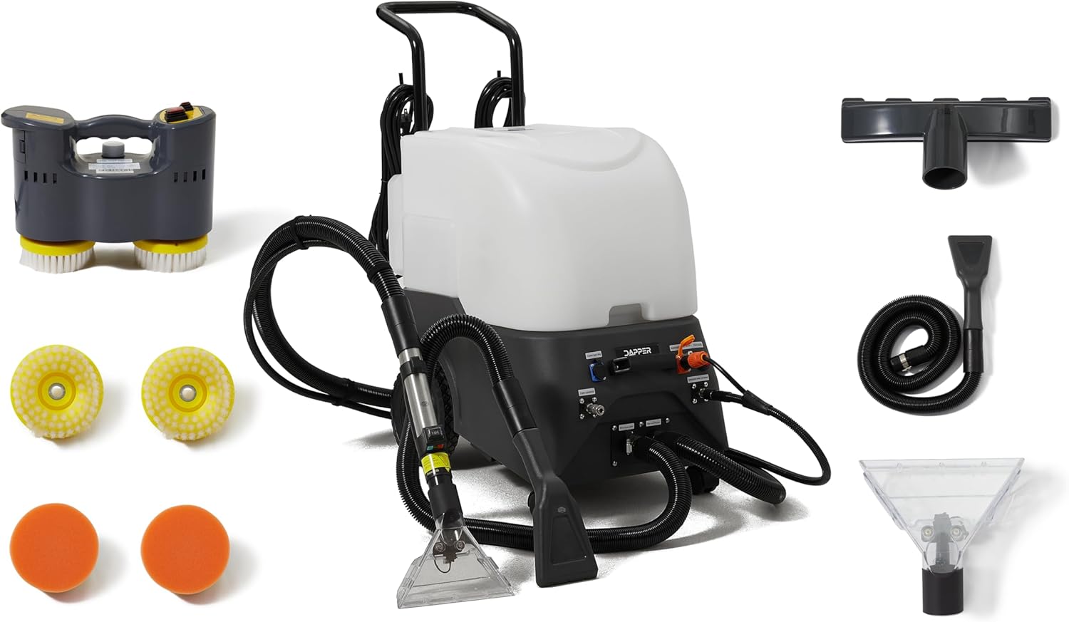Dapper Commercial Carpet and Upholstery Extractor Cleaning Machine with Steam, Spray-Vacuum, Blower & Mite Remover. 3 Gal Tanks — Designed for Deep Cleaning. Dual Separate Circuit Power Cords