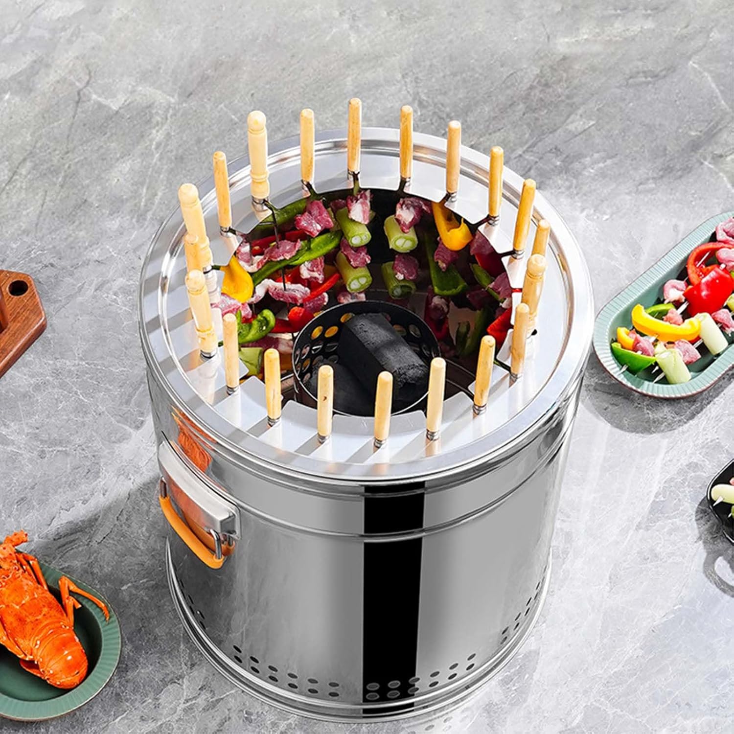 Barbecue Grill Portable Vertical Charcoal Smoker Grill Barrel Grill Outdoor Indoor Camping Smokeless Charcoal Barbecue Grill BBQ with Grilling Accessories Set Stainless Steel Smokeless