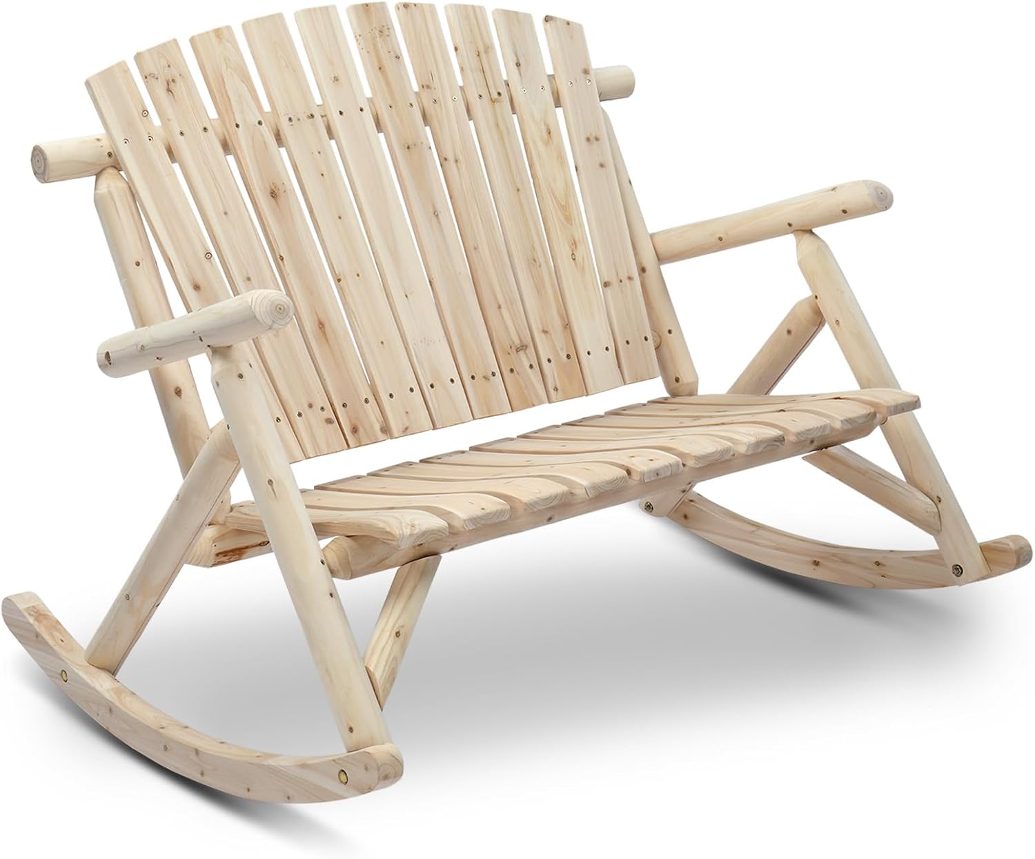 Outvita 2-Person Wood Rocking Chair, Fir Log Adirondack Rocker, Outdoor Wood Accent Furniture Lounge Chairs with Wide Curved Seats for Garden Patio Backyard Porch (Natural Finish)