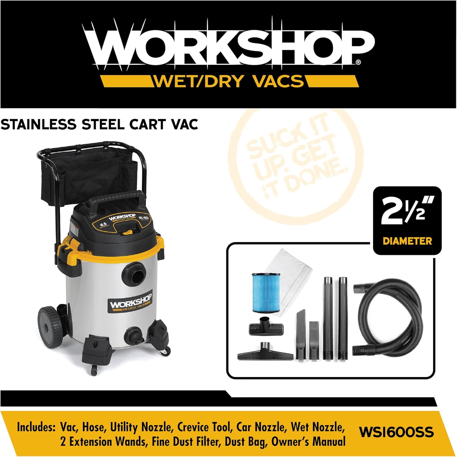WORKSHOP Wet/Dry Vacs Shop Vacuum WS1600SS 16-Gallon 6.5 Peak HP Stainless Steel Wet Dry Vacuum Cleaner with Filter, Dust Bag, Hose, Attachments and Cart for Heavy Duty Professional Cleaning