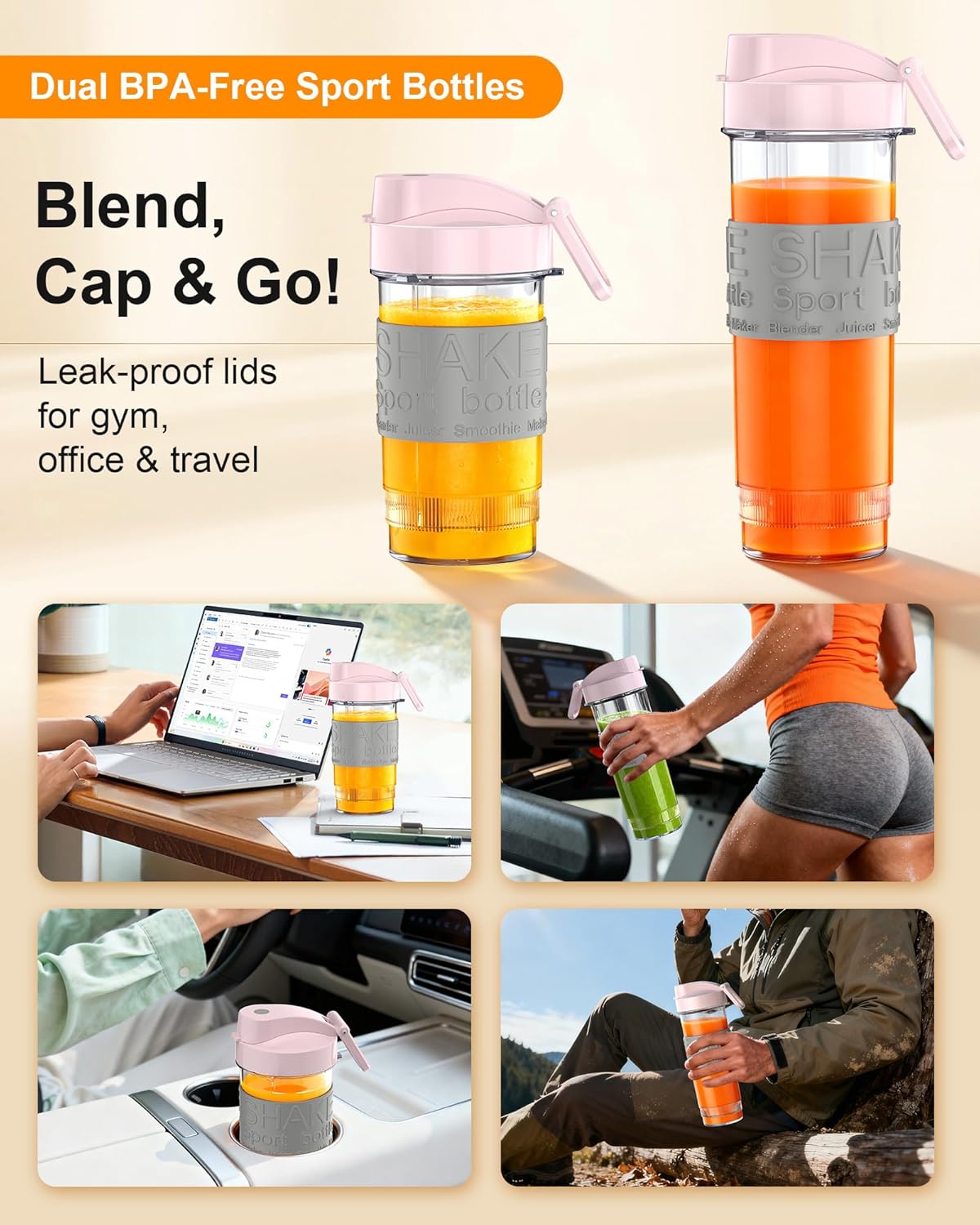 Smoothie Blender, 650W Personal Blenders for Shakes and Smoothies with Grinder Cup & 2 BPA-Free Portable Cups (20oz+14oz), Portable Blender for Juices, Smoothies Maker for Kitchen, Pink