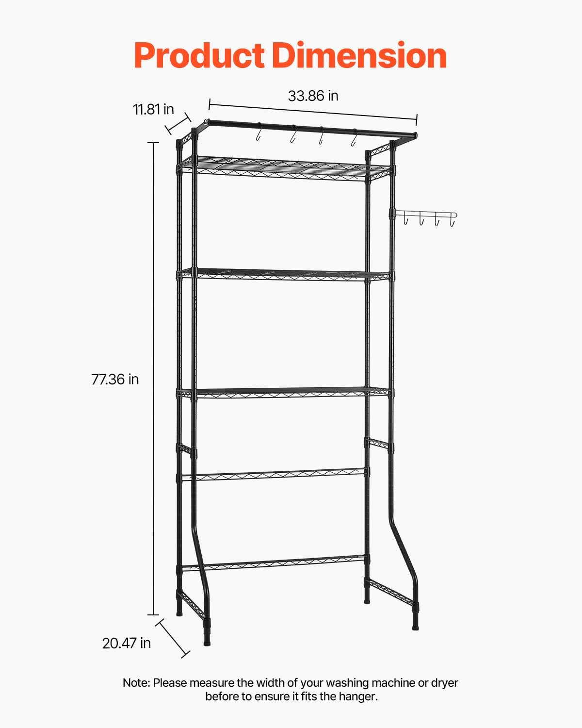 VEVOR Over The Washer and Dryer Storage Shelf, 3 Tier Laundry Room Drying Rack with Hanger Rod and Hooks, Adjustable Over Washer and Dryer Shelves, Laundry Room Shelf Storage Space Saver, Black