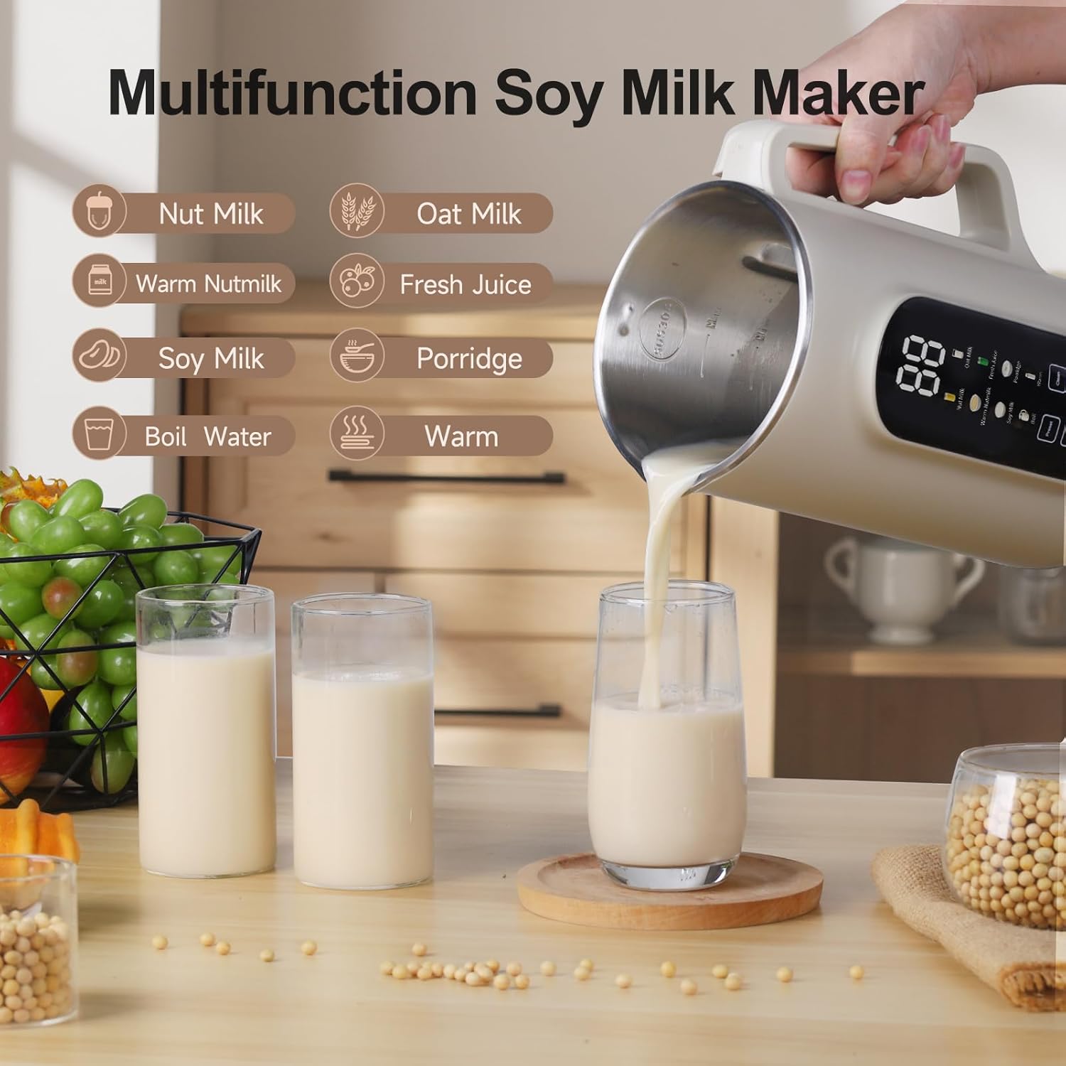 ZLWNYK 8 in 1 Nut Milk Blender, 34 oz homemade almond, oat, soy, coconut, plant-based milk, and non dairy beverages, with a 12 hour timer/self-cleaning/warming/hot water function