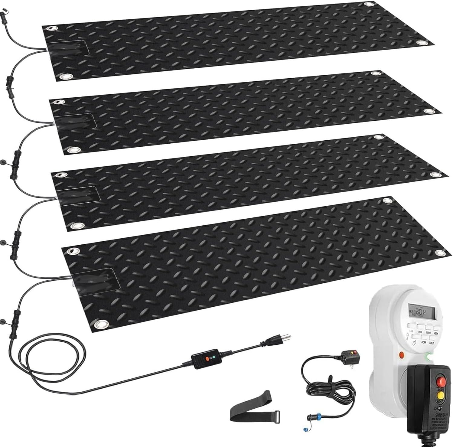 Heated Snow Melting Mat with Timer, 10''Width Non-Slip Electric Heated Foot Mat, Snowmelt Heated Walkway Mat with Power Cord, w/Power Cord, Slip-Proof Design for Ex(4 Pcs-10x30in/(25.4x76.2 cm))