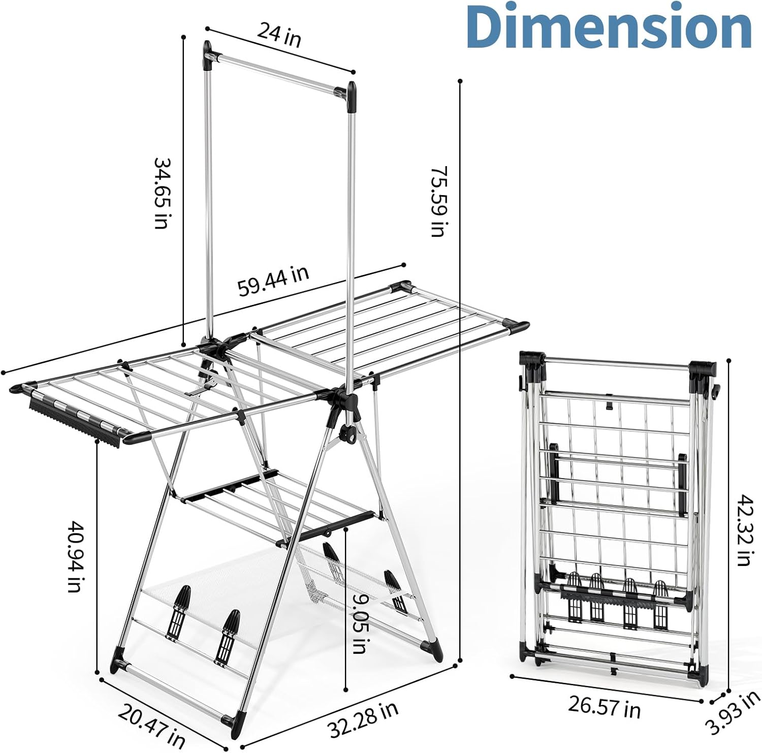 APEXCHASER Clothes Drying Rack with High Hanger, Foldable 3-Level Drying Racks with Shoe Rack, Crossbar and Vertical Rod Laundry Stand with Adjustable Wings Silver