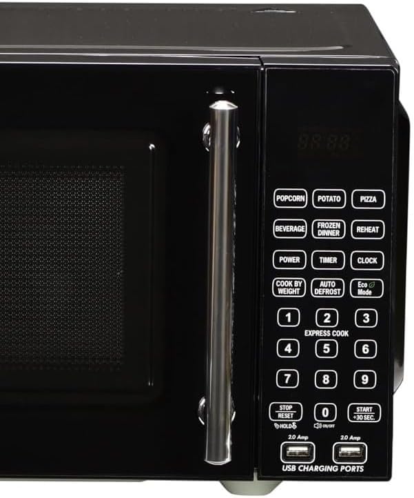 USB Microwave with Smoke Sensor, 2 USB Ports, Door Lock, 6 Cook Settings, Mute Function, Express Cook, +30 Seconds Function, Auto Defrost, Timer, Eco Mode, Easy Clean Dark Grey Interior.