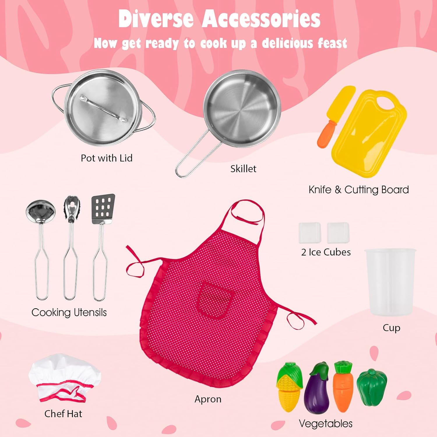 HONEY JOY Pink Corner Kids Kitchen Playset, Wooden Play Kitchen for Toddlers, Washing Machine, Range Hood, Water Dispenser, Cookware, Apron, Little Chef Pretend Toy Kitchen Set w/Lights & Sounds