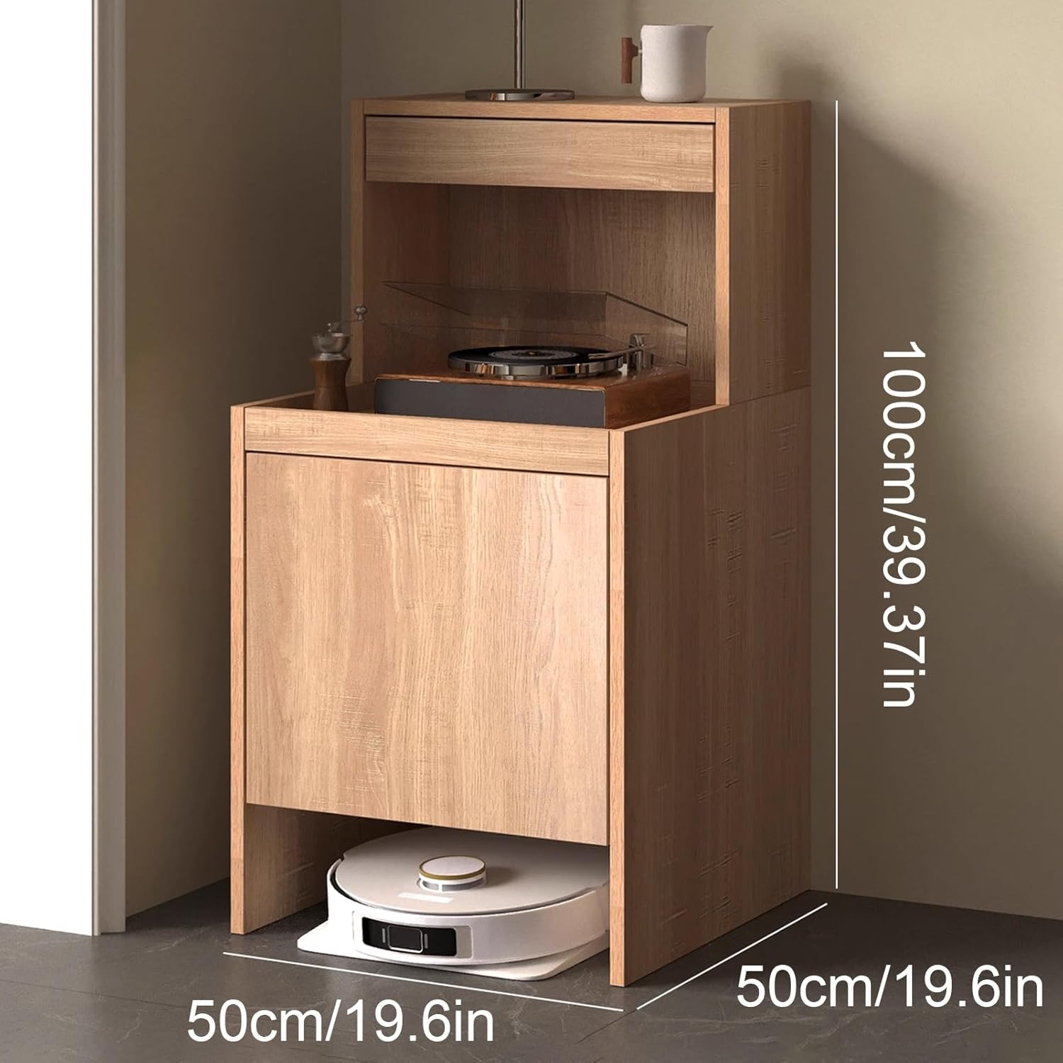 Wooden Robot Vacuum Storage Cabinet Easy Water Change Sweeping Robot Storage Rack Half Hollow Design Nightstand Organizer for Home Office Living Room(Natural)