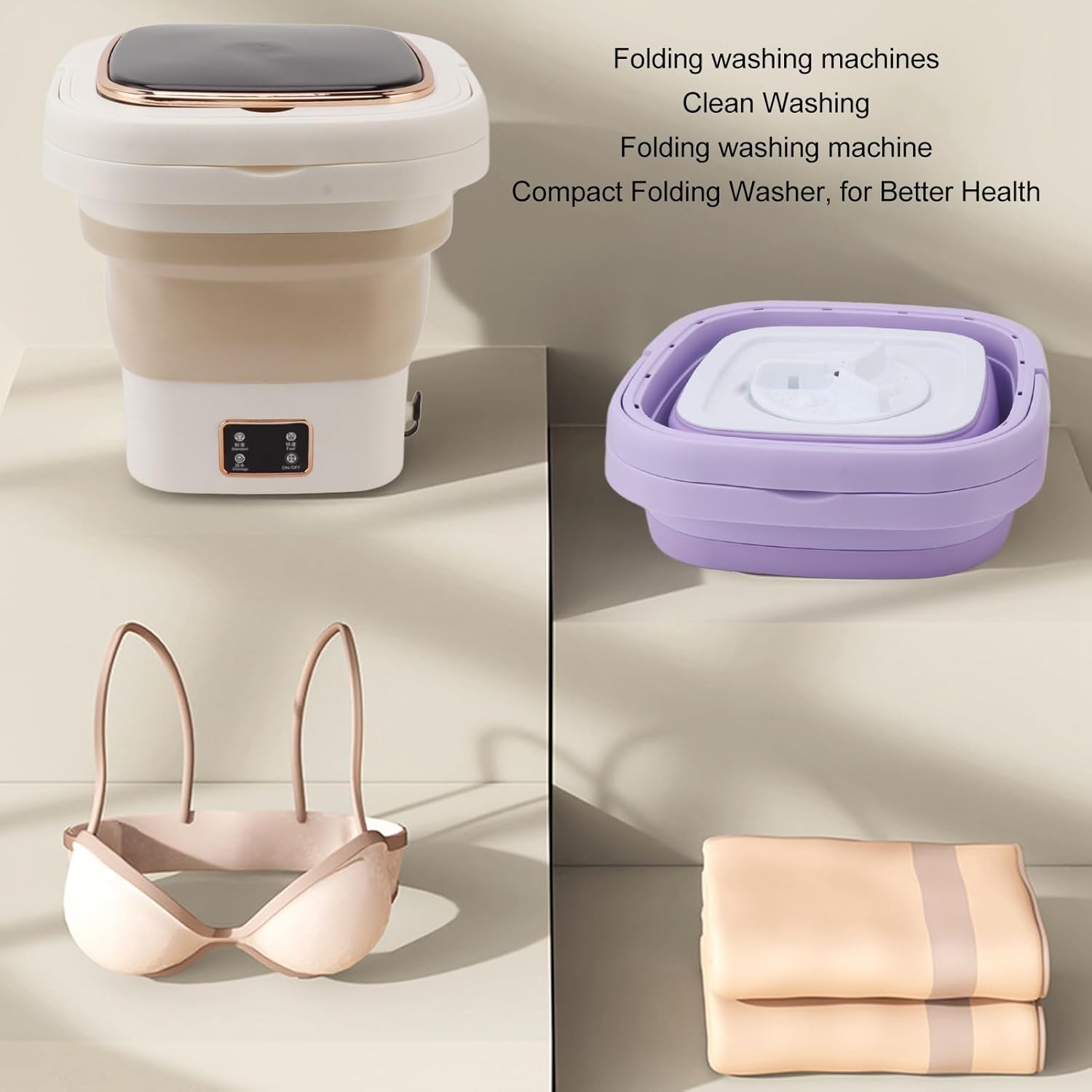 Portable Washing Machine, Folding Compact Lightweight 9L Bucket Lavadora Portatil, Low Noise Integrated Design Multifunctional Washing Machine, for Dormitories[Beige]