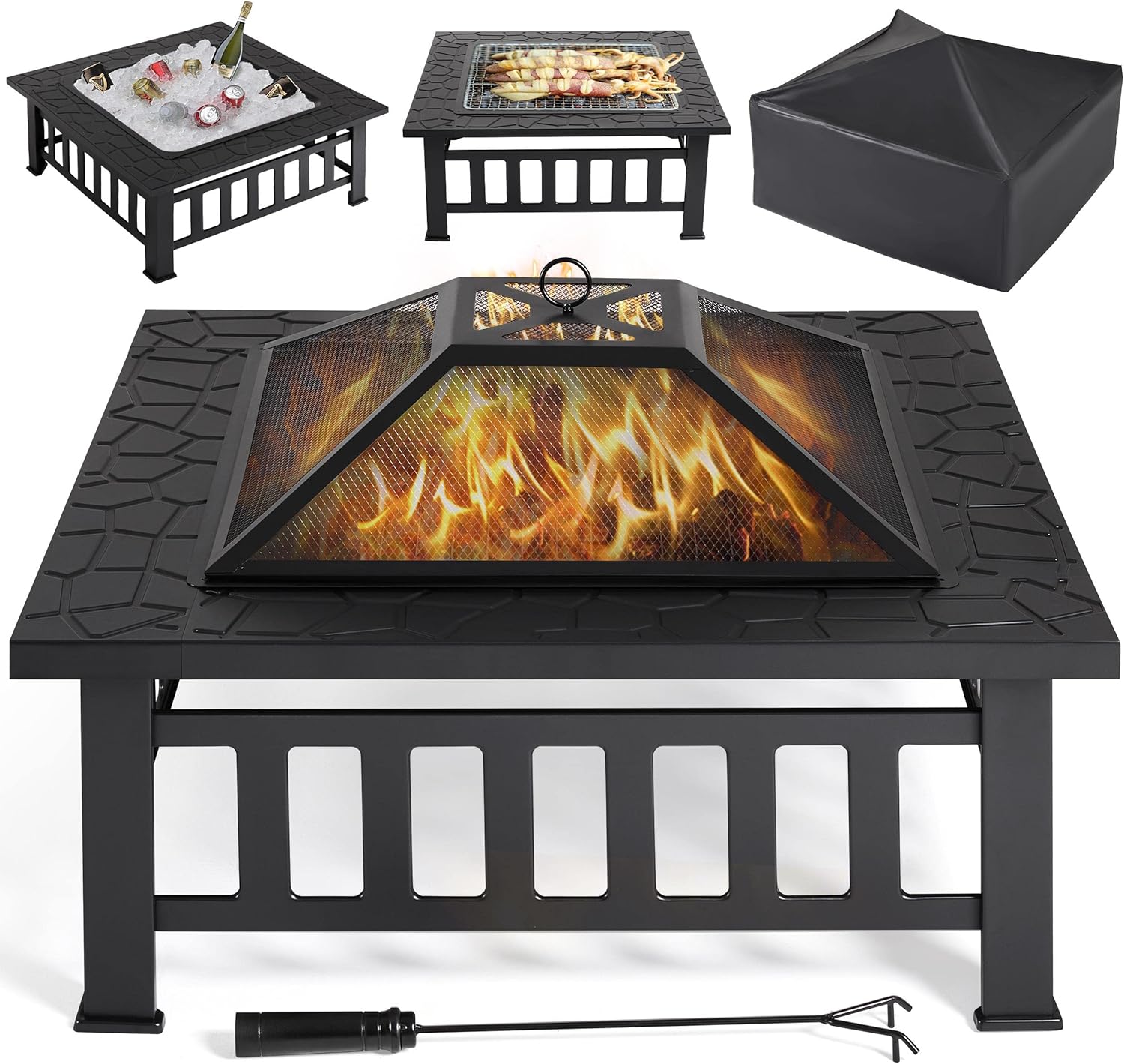 Yaheetech 34in Fire Pit Table Outdoor Wood Fire Pits Fire Pits for Outside Patio Square Steel Stove with Mesh Screen, Waterproof Cover & Poker for Bonfire Camping