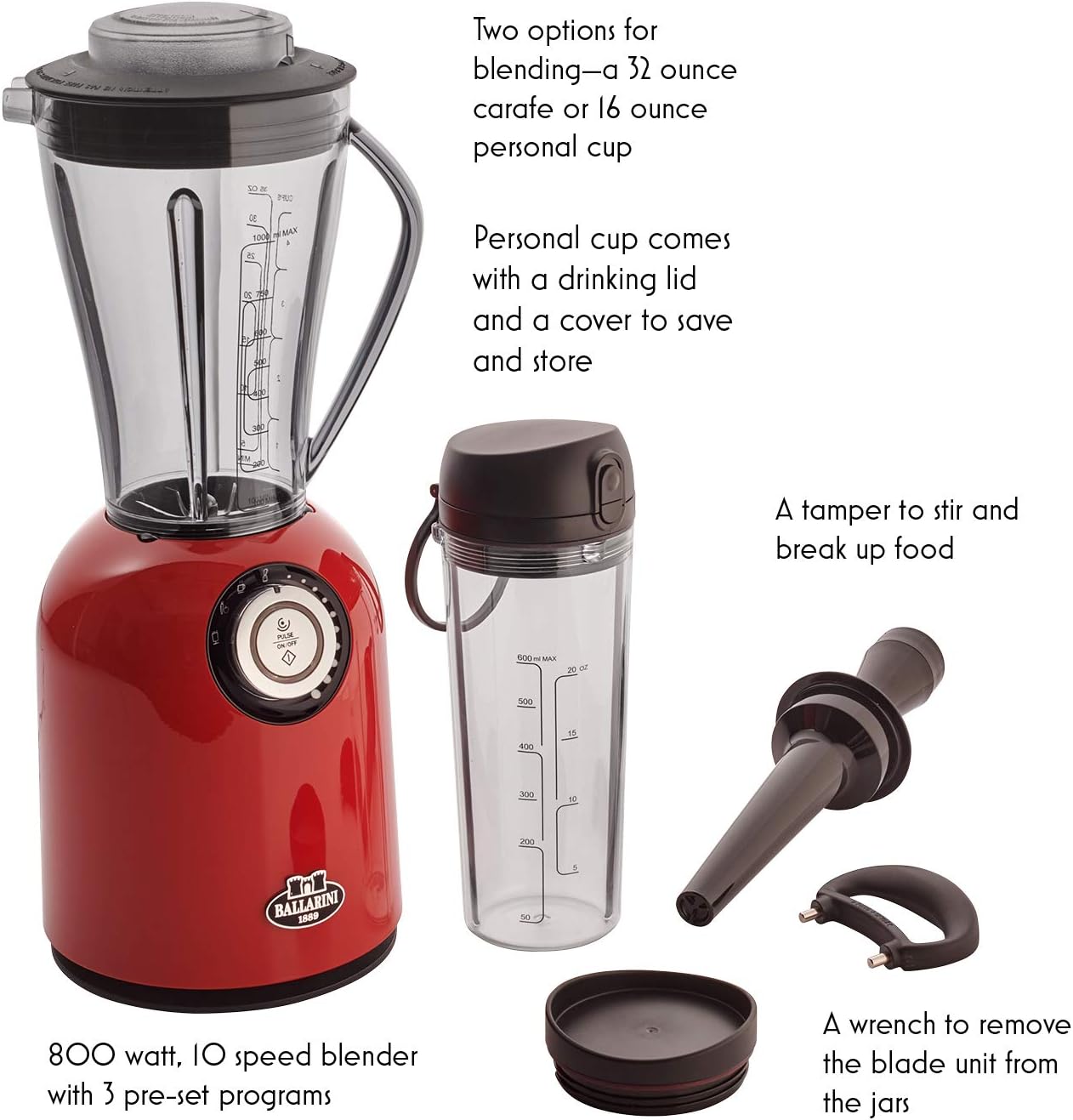 Ballarini Tesoro Countertop Blender - Cherry Red, Made in Italy
