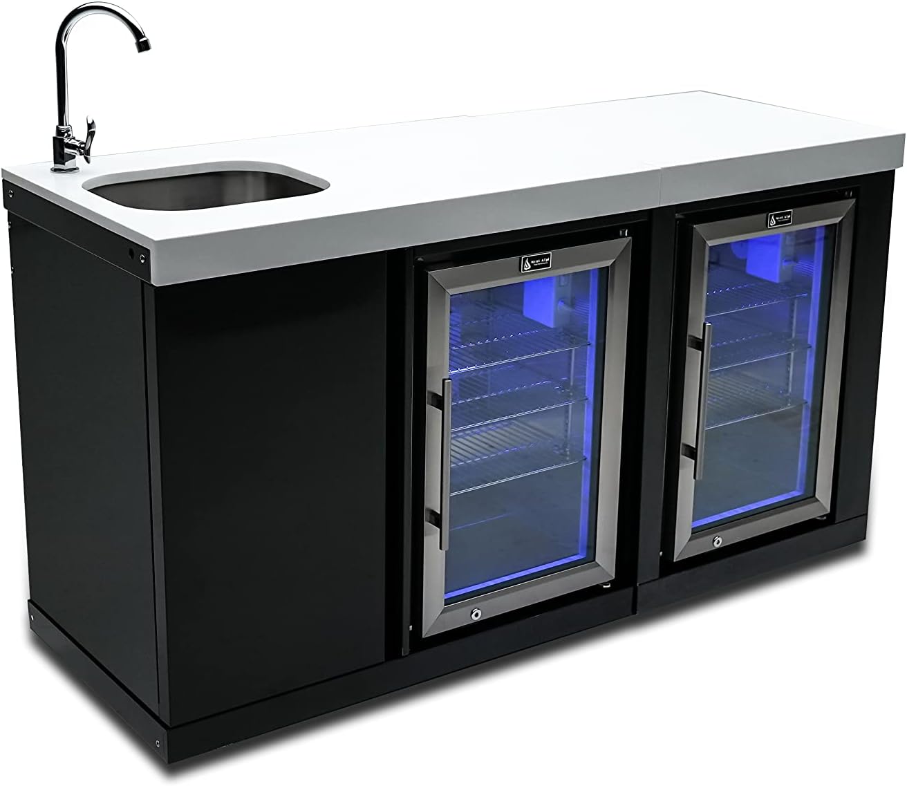 Mont Alpi Bar Series MA-BEVBSSFC Modular Black Stainless Steel Double Outdoor Rated Refrigerator Wine Cooler Beverage Center with Granite Countertops with Blue LED Lighting + Faucet & Sink
