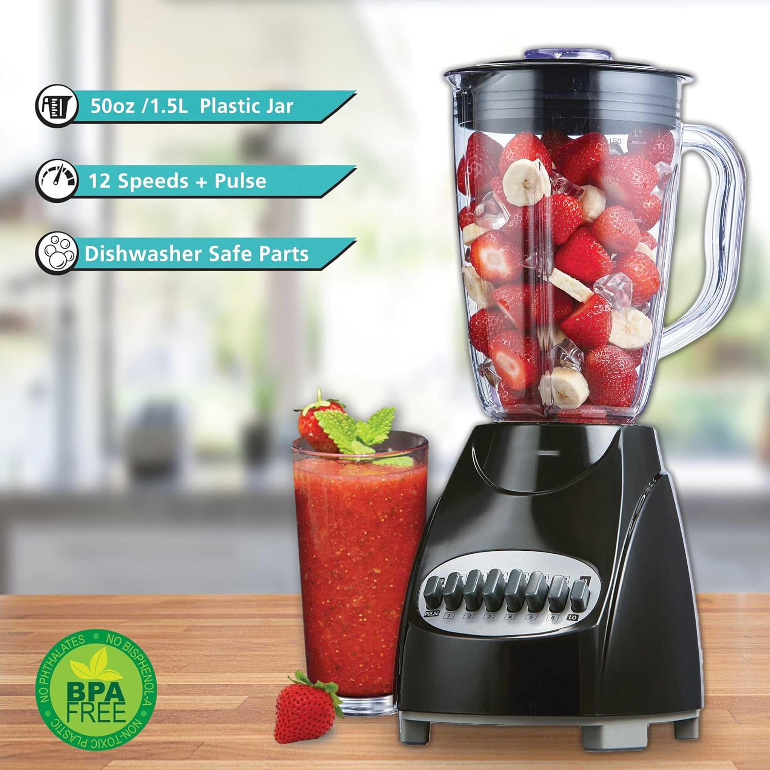 12-Speed Countertop Blender with Pulse Function – 50oz BPA-Free Jar, Stainless Steel Blades, Ice Crusher & Smoothie Maker, 350W Kitchen Blender (Black)