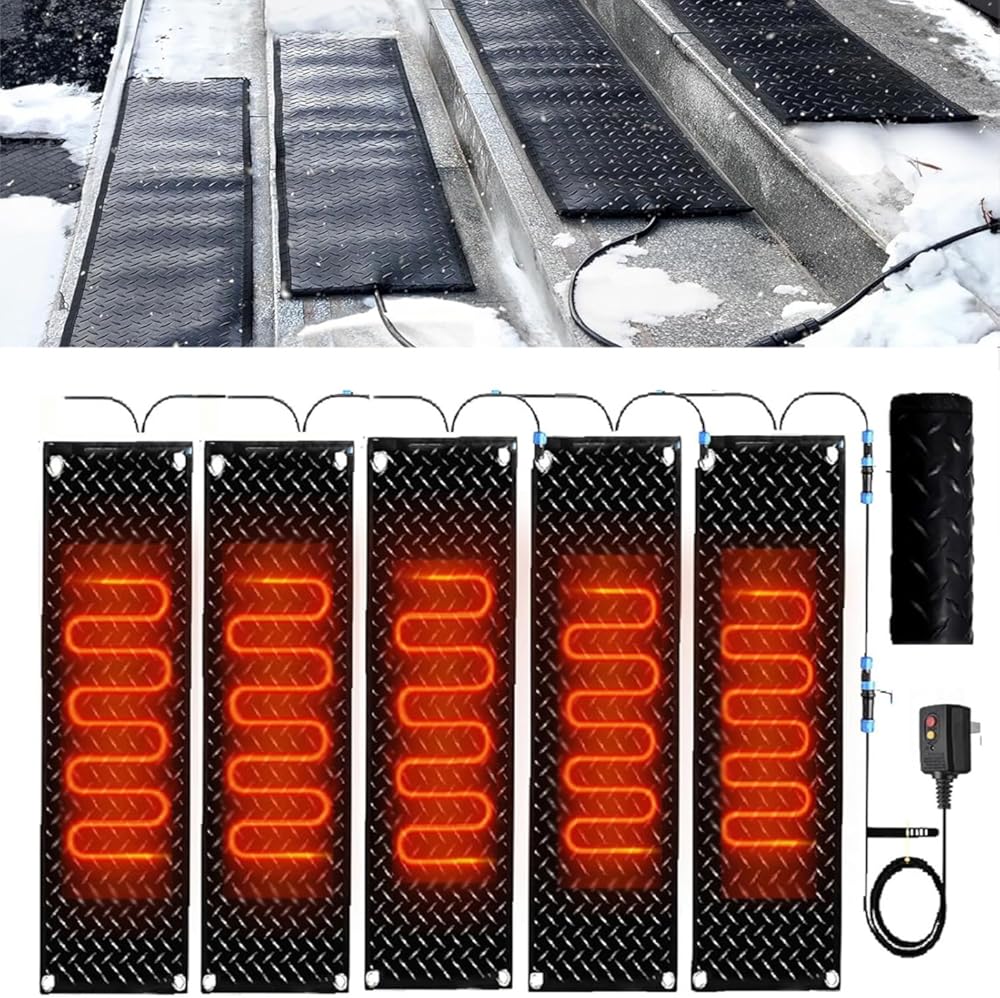 Snow Melting Mat, Heated Walkway Mat, 1/2/3/4/5 pcs Rubber Heated Mat with Power Cord, Outdoor No Slip Heated Door Mat, No More Shoveling, Salting and Slipping, for(5 Pcs-10inx35.4in (25.4x90cm))