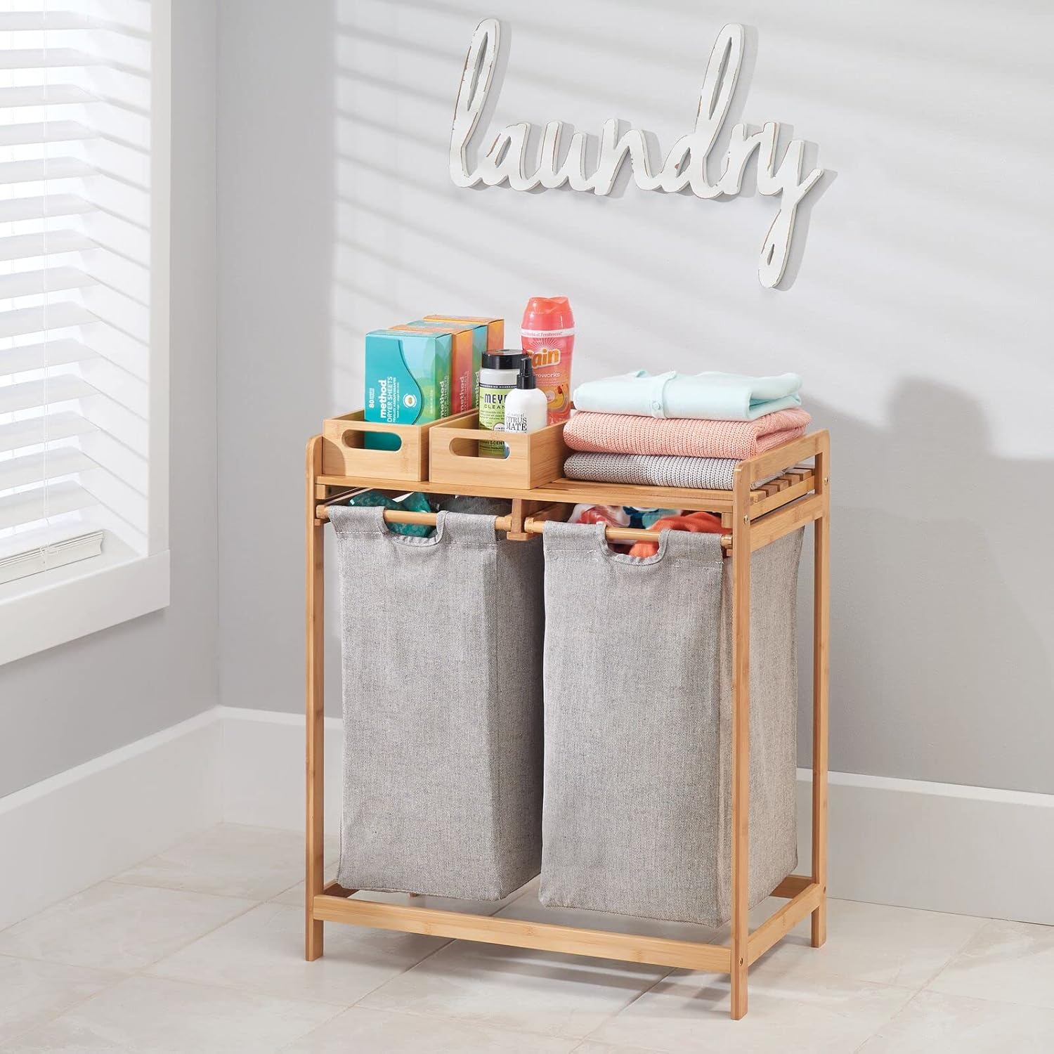 mDesign Freestanding Bamboo 2 Section Double Laundry Organizer Hamper with Removable Storage Sorter Bags, Space-Saving Basket Duo with Handles for Clothes/Linens - Echo Collection - Natural/Tan
