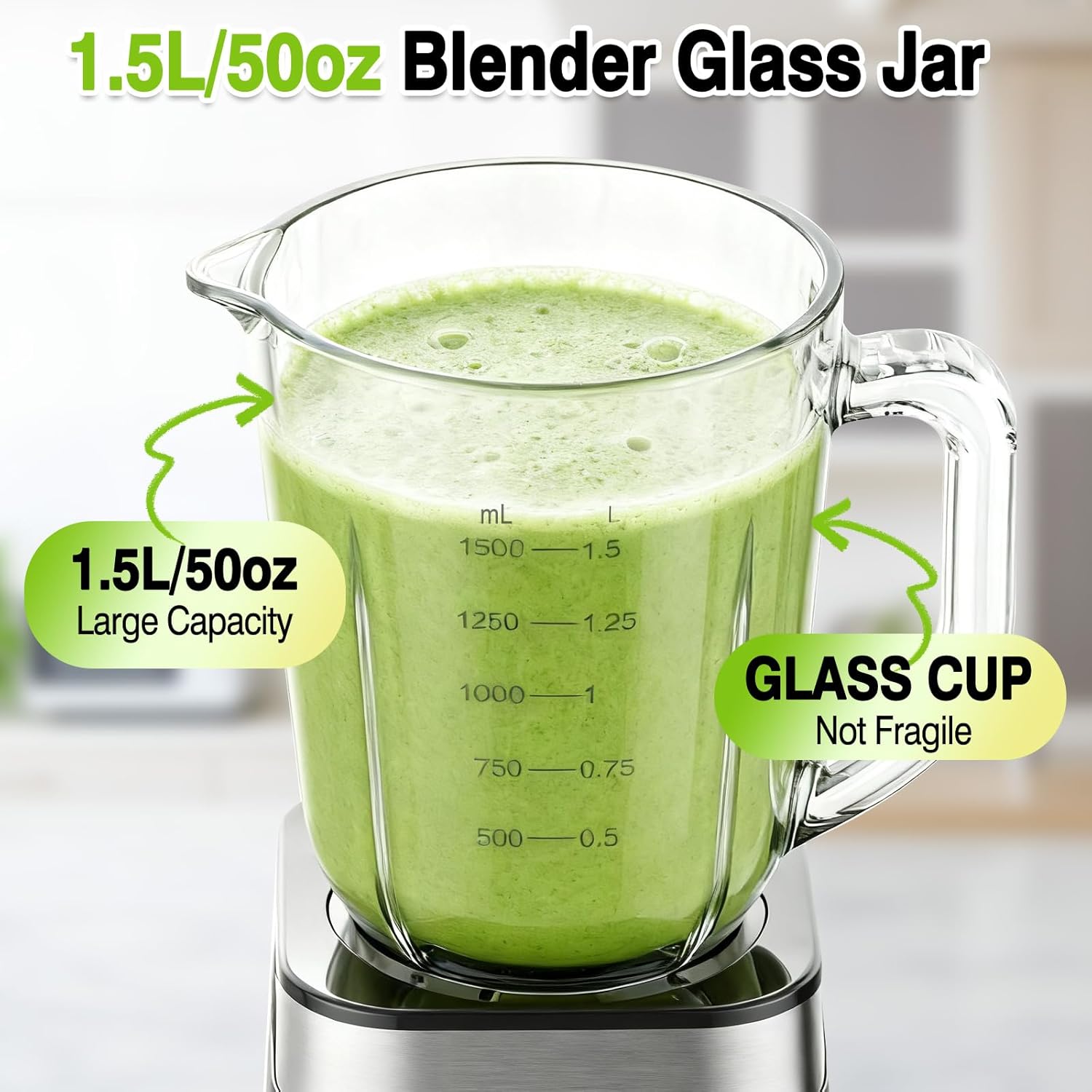 OMMO Blender, Professional Smoothie Blender with 4 Stainless Steel Blades, 50oz Glass Blenders for Kitchen with 2 Speed&Pulse, Dishwasher Safe for Ice Crush, Smoothies, Nuts, Frozen Drinks and Fruits