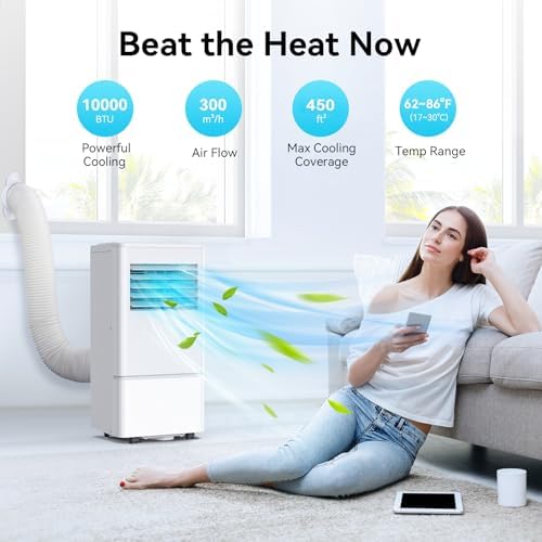 Air Choice Portable Air Conditioner, 10000 BTU Air Conditioner Portable for Room Up to 450 Sq.Ft, Remote Control, 24H Timer, Air Cooling Unit 3-in-1 as Cooler Dehumidifier Fan, Window Kit Included