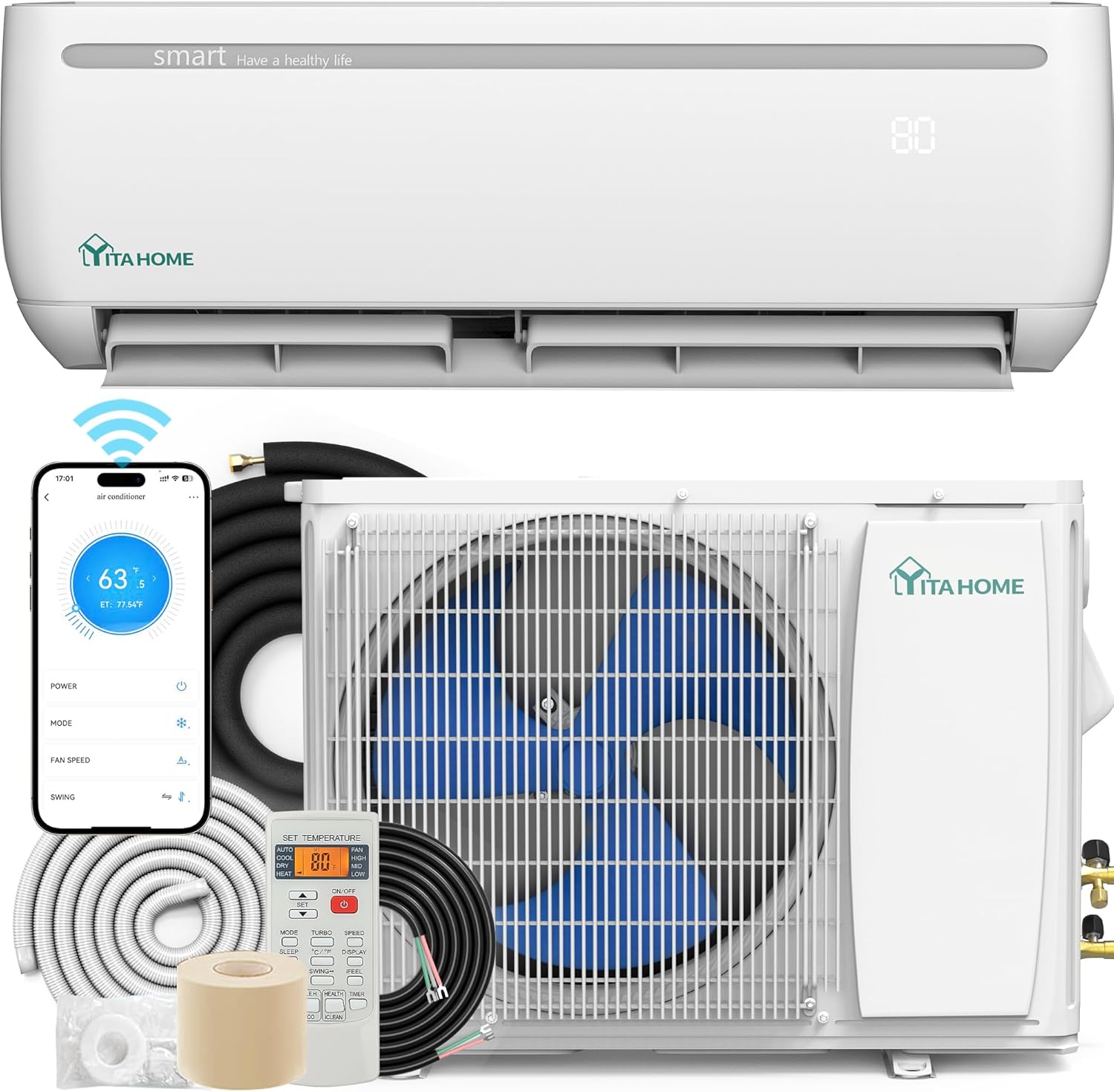 YITAHOME 24000 BTU Mini Split Air Conditioner Heat Pump System, 18.5 SEER2 208-230V Ductless Inverter System compatible with Wi-Fi & Alexa, Cover Up to 1500 Sq. Ft, Complete Installation Kit Included