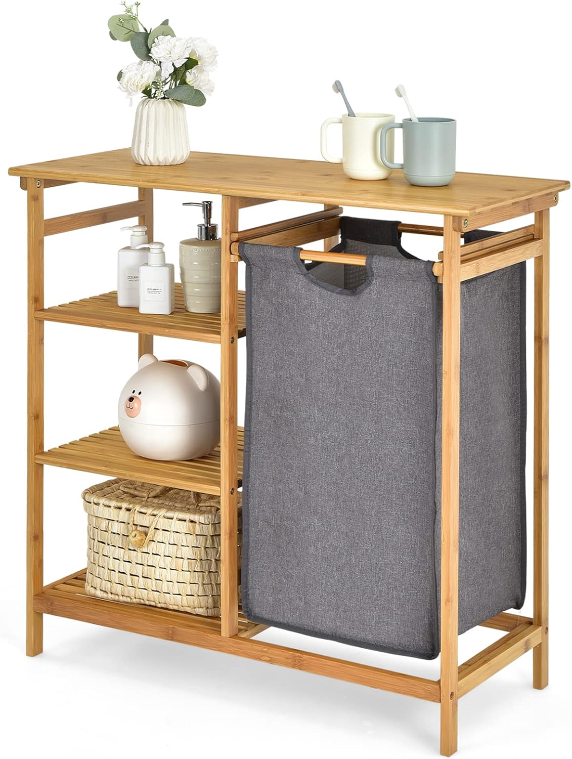 Giantex Bamboo Laundry Hamper Stand, Freestanding Laundry Organizer w/Removable Sliding Bag & 3-Tier Open Shelves, Multipurpose Utility Storage Cabinet for Bathroom, Living Room, Bedroom, Natural