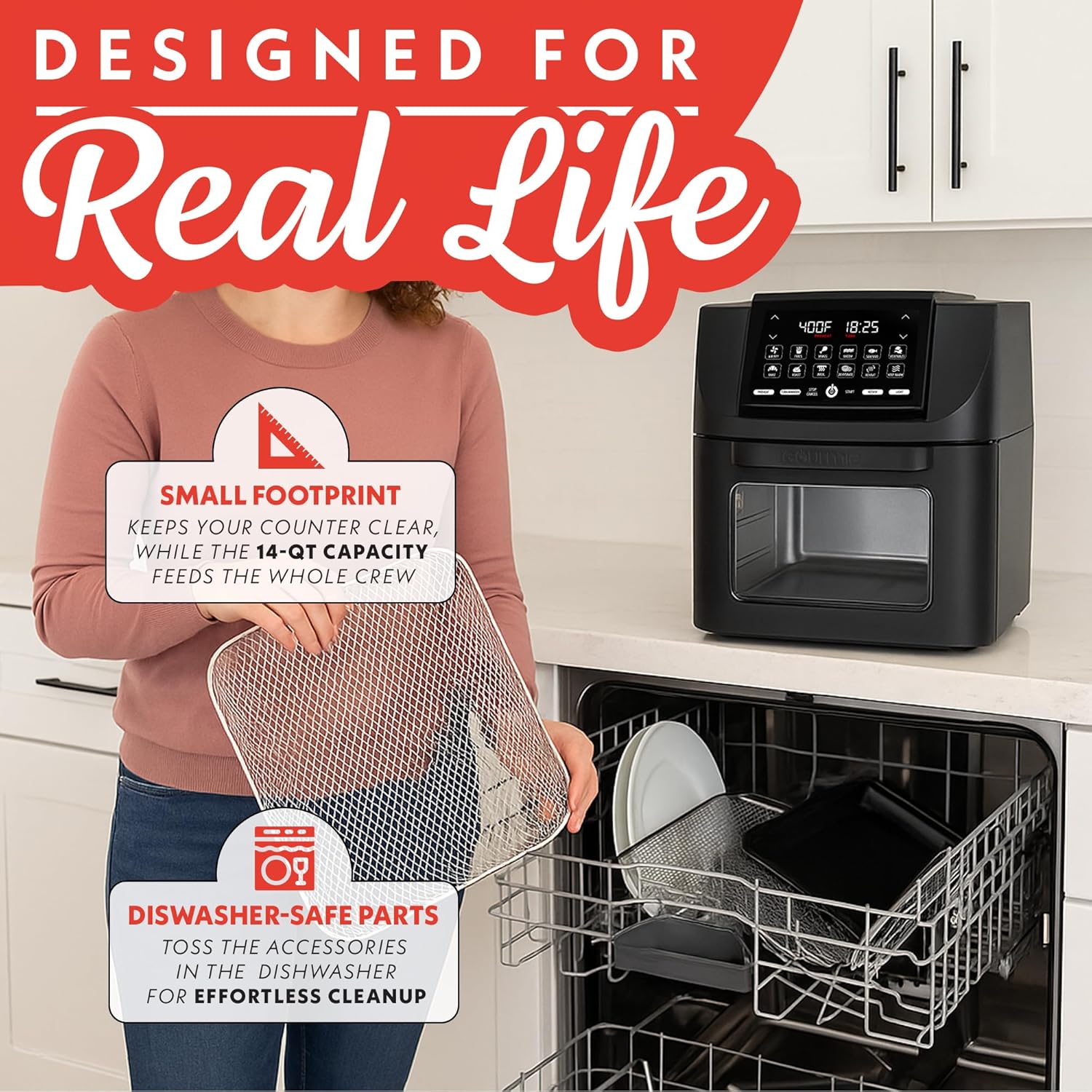 Gourmia Air Fryer - 14 Qt All-in-One Oven with Rotisserie, Digital Display with 12 Presets, Roast, Bake, Broil, Dehydrate, Dishwasher Safe Accessories, Black