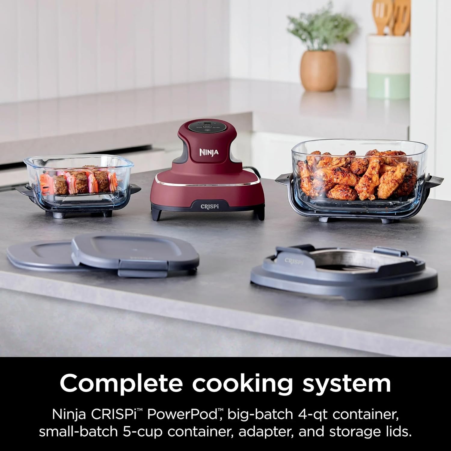 Ninja FN100RD Crispi Air Fryer, Microwave, Freezer & Dishwasher Safe, Non Toxic Glass Portable Cooking System, 4 QT & 5 Cup Glass Containers with Storage Lids, Easy Meals, Cherry (Renewed)