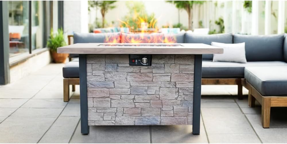 44 Inch Outdoor Propane Fire Pit Table with 50000 BTU Heat Output for Patio Garden Backyard - Cultured Stone Effect Finish