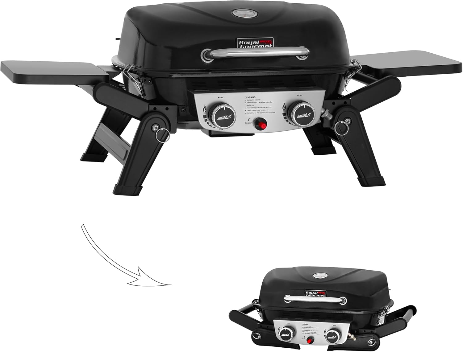 Royal Gourmet GT2005 2 Burner Portable Propane Gas Grill with Foldable Side Tables & Foldable Support Legs, Tabletop Gas Grill with Warming Rack for Outdoor Cooking & Grilling, Black